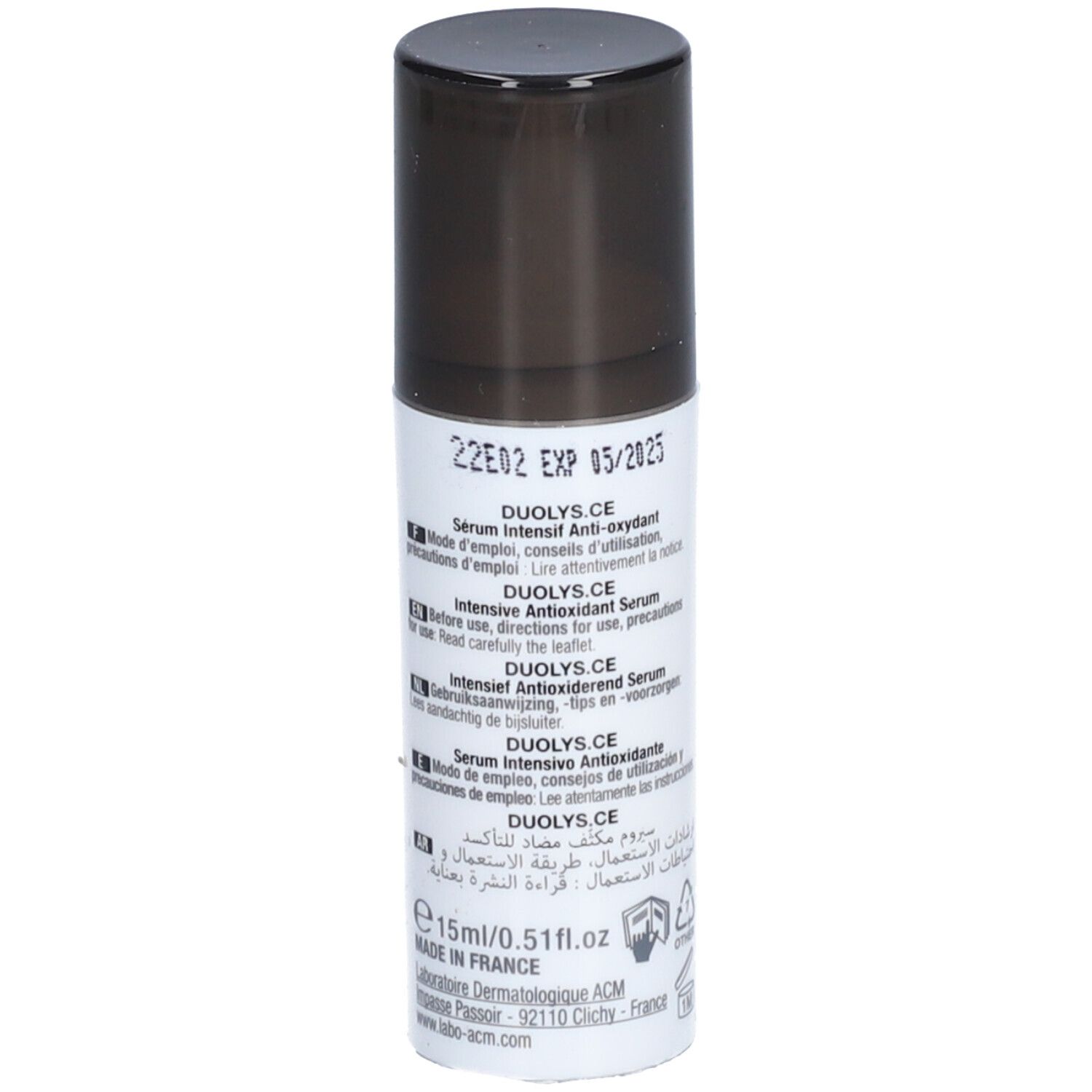 Weiße Flasche mit schwarzem Deckel. Aufschrift: Duolys.CE, Gebrauchsanweisung, 15ml/0.51fl.oz.