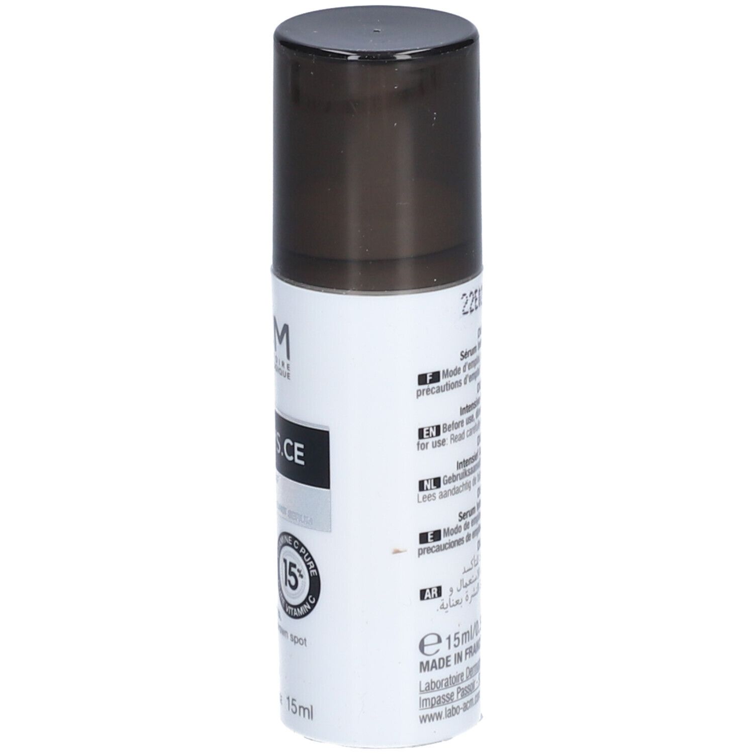 Weiße Flasche mit schwarzem Deckel. Aufschrift: Duolys.CE, 15% Vitamin C, 15ml.