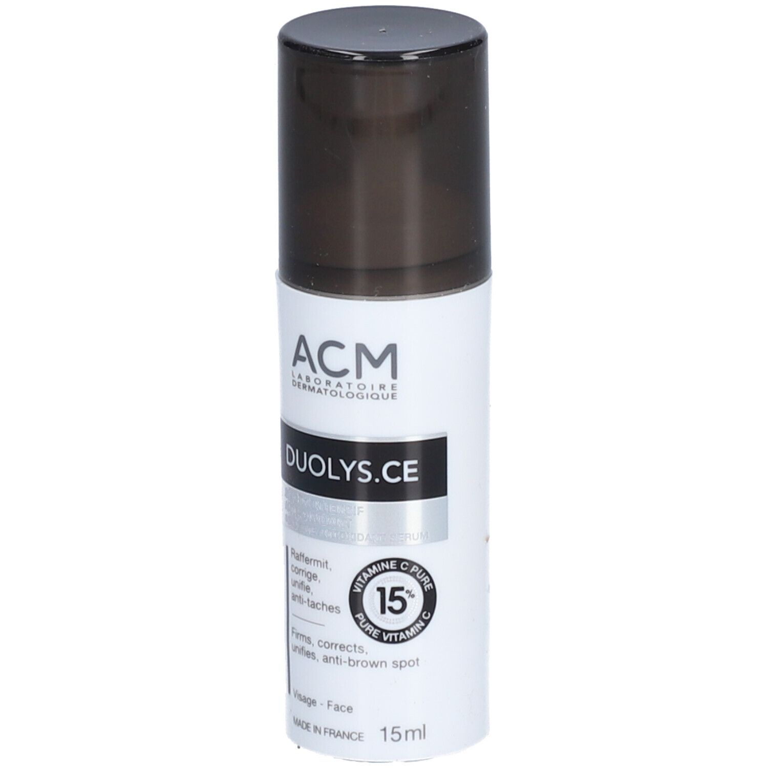 Kleine, weiße Flasche mit schwarzem Deckel. Aufschrift: ACM, Duolys.CE, 15% Vitamin C. 15ml.