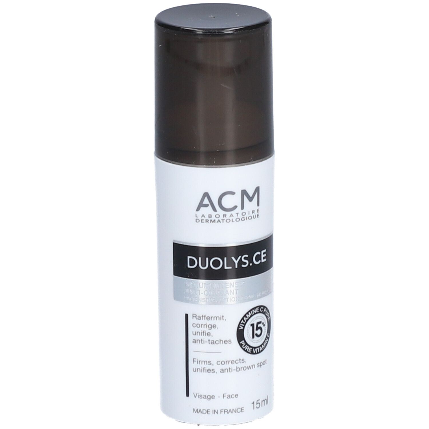Kleine, weiße Flasche mit schwarzem Deckel. Aufschrift: ACM, Duolys.CE, 15% Vitamin C. 15ml.