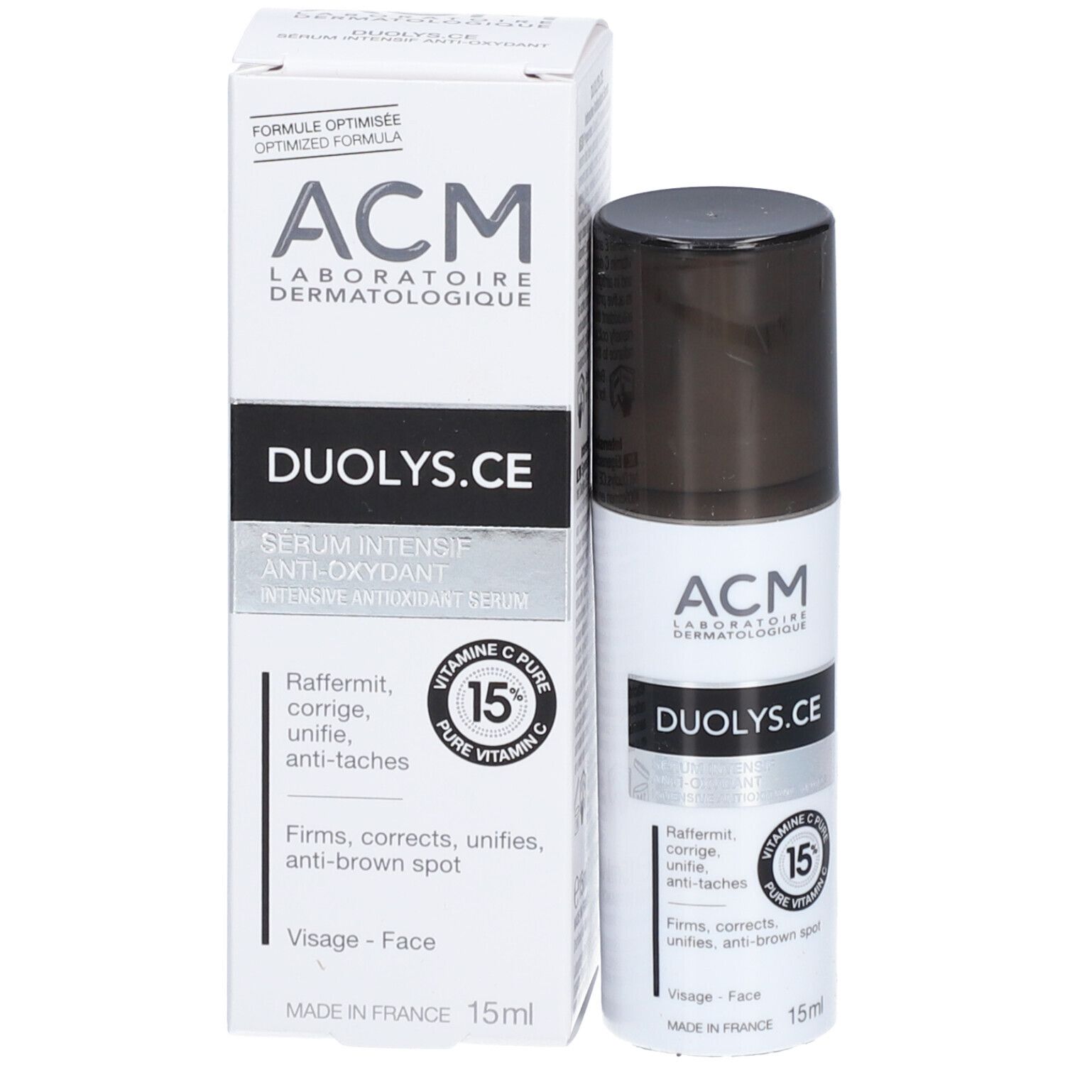Produktverpackung: Flasche und Schachtel. Aufschrift: ACM, Duolys.CE, 15% Vitamin C. 15ml.