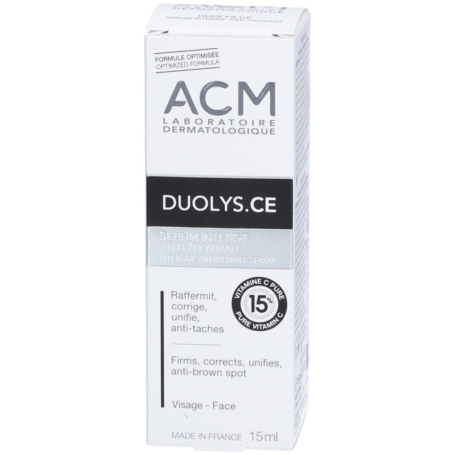 Produktverpackung: Schachtel. Aufschrift: ACM, Duolys.CE, 15% Vitamin C. 15ml.