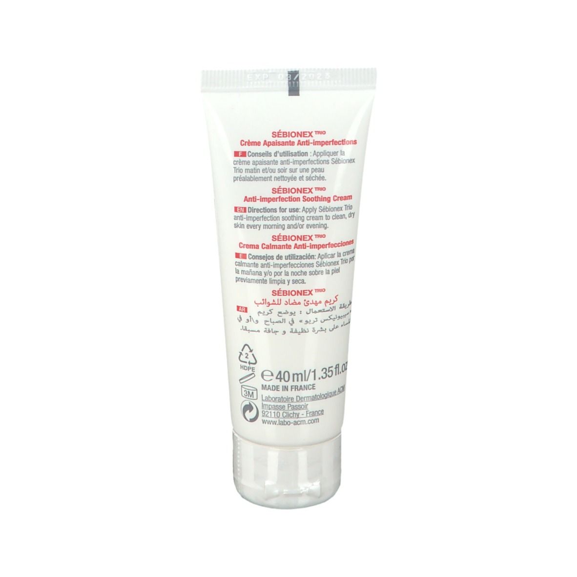 Dos du tube blanc. Texte multilingue. Nom du produit : SÉBIONEX TRIO. 40ml.