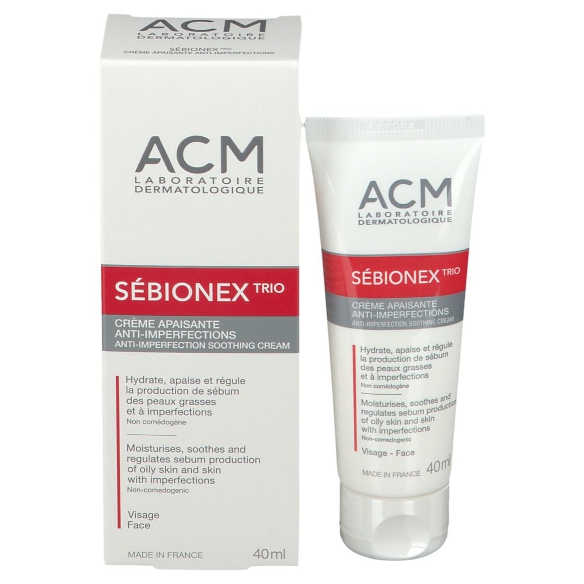Emballage et tube du produit. Emballage : blanc avec texte rouge et gris. Tube : blanc. Nom du produit : SÉBIONEX TRIO.