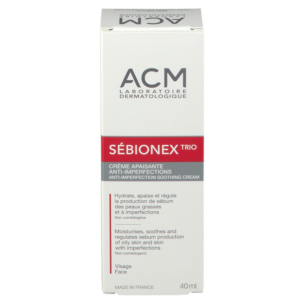 Emballage du produit. Face avant. Blanc avec texte rouge et gris. Nom du produit : SÉBIONEX TRIO. 40ml.