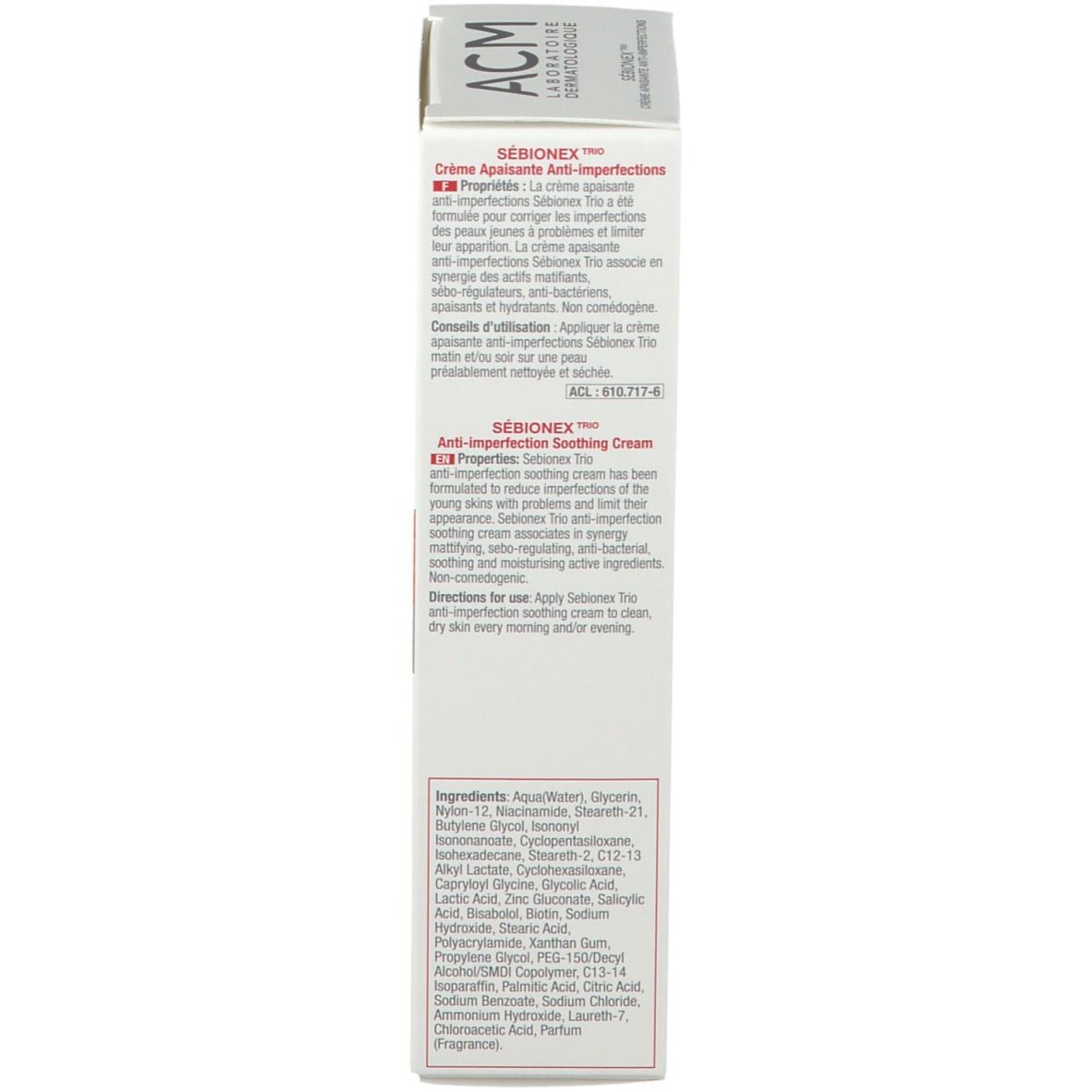 Emballage du produit. Côté. Texte multilingue. Nom du produit : SÉBIONEX TRIO. Ingrédients.