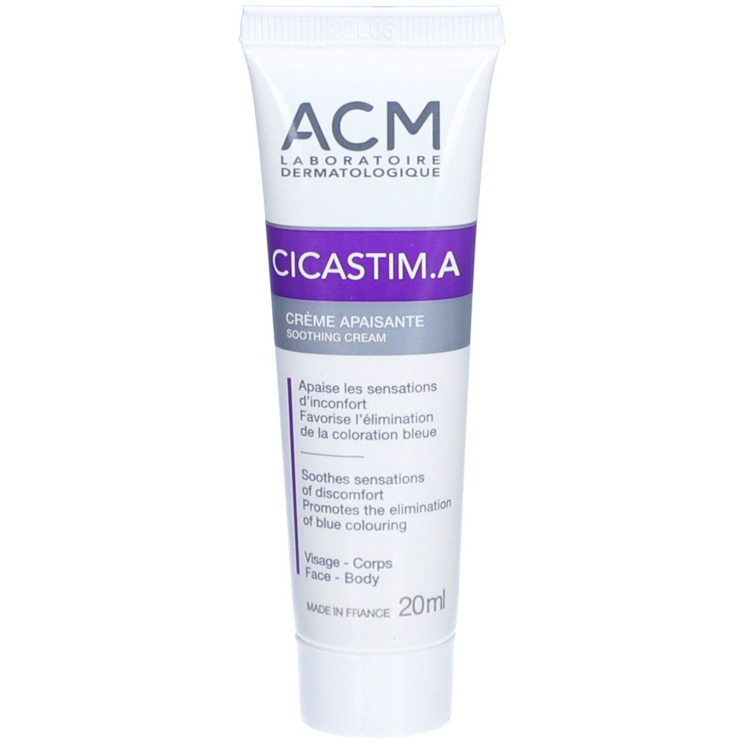 Tube de crème ACM Cicastim.A Crème Apaisante. Inscription en blanc, violet et gris. 20ml. Visage, corps. Fabriqué en France.