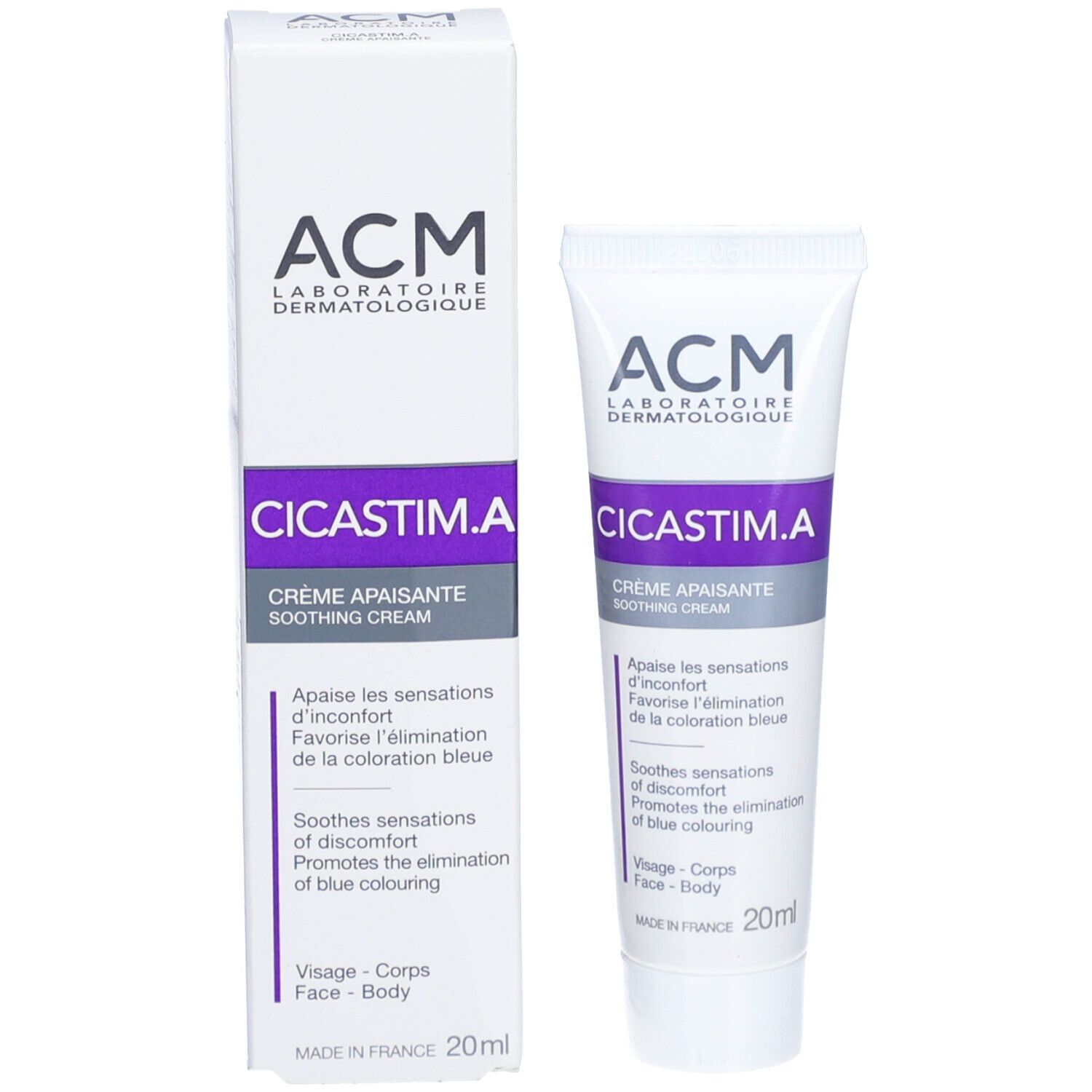 Emballage produit avec tube et boîte. ACM, Cicastim.A, Crème Apaisante. Blanc, violet et gris. 20ml. Visage, corps.