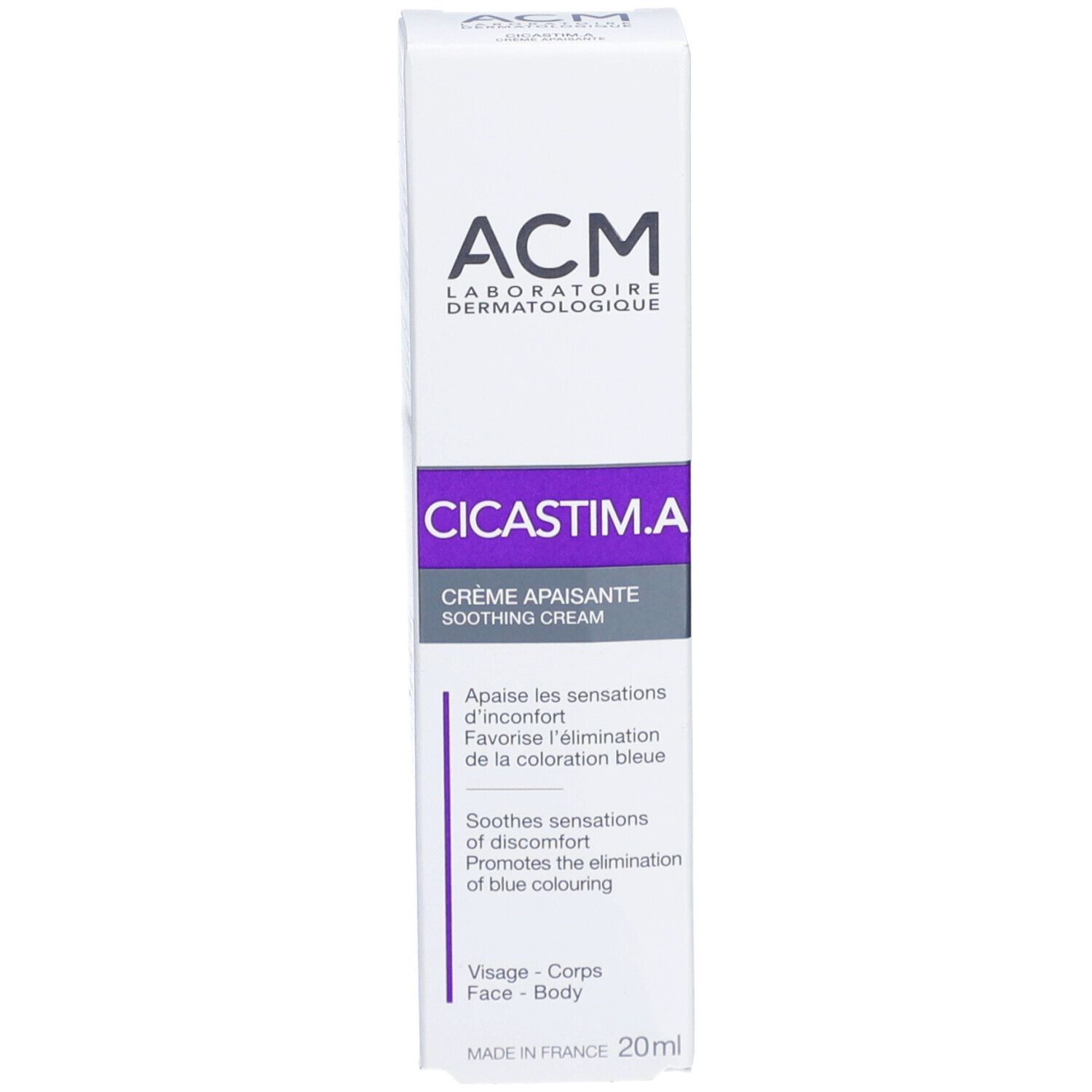 Boîte avec ACM, Cicastim.A, Crème Apaisante. Blanc, violet et gris. 20ml. Visage, corps. Fabriqué en France.