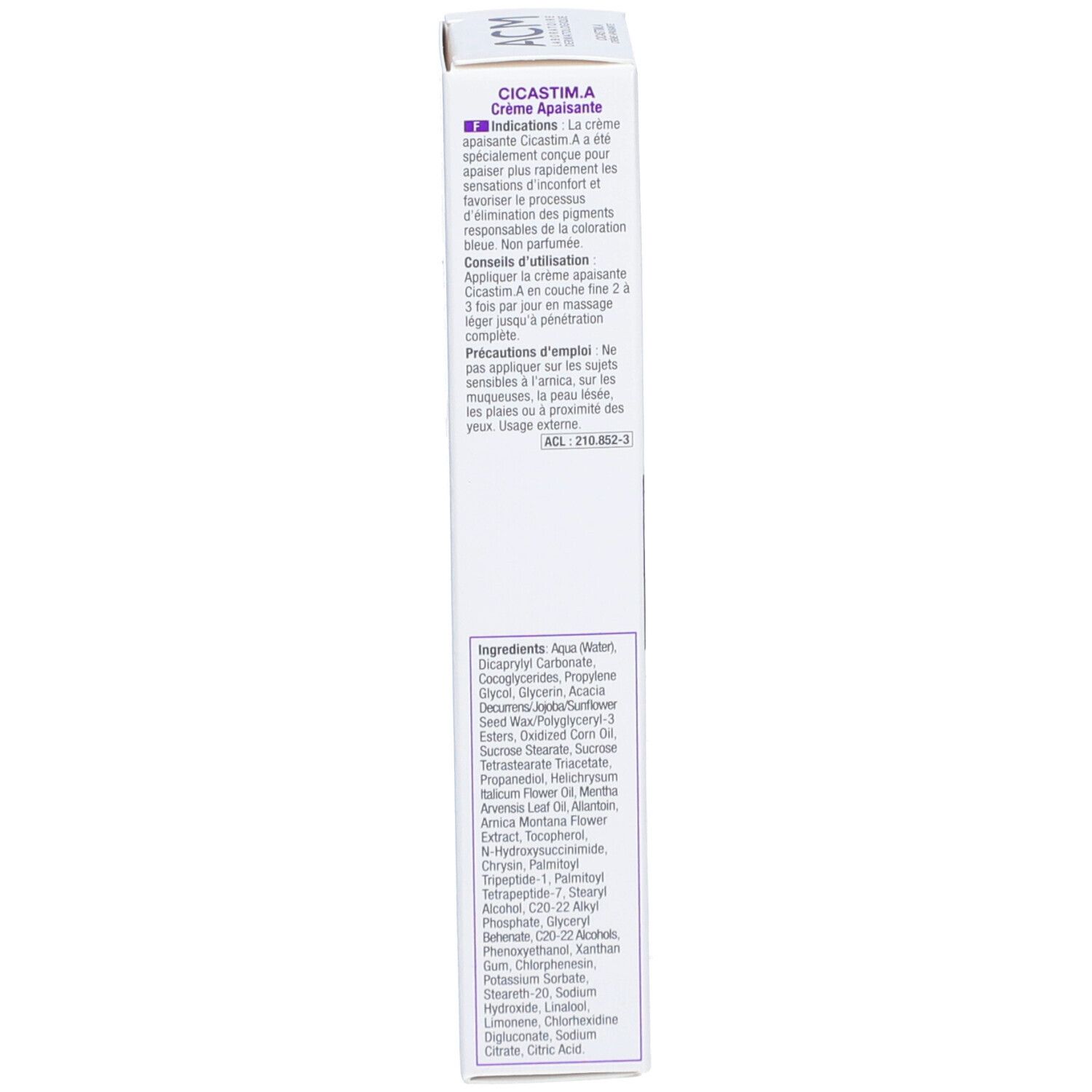 Boîte avec texte. ACM, Cicastim.A, Crème Apaisante. Ingrédients, conseils d'utilisation. Fabriqué en France. 20ml.