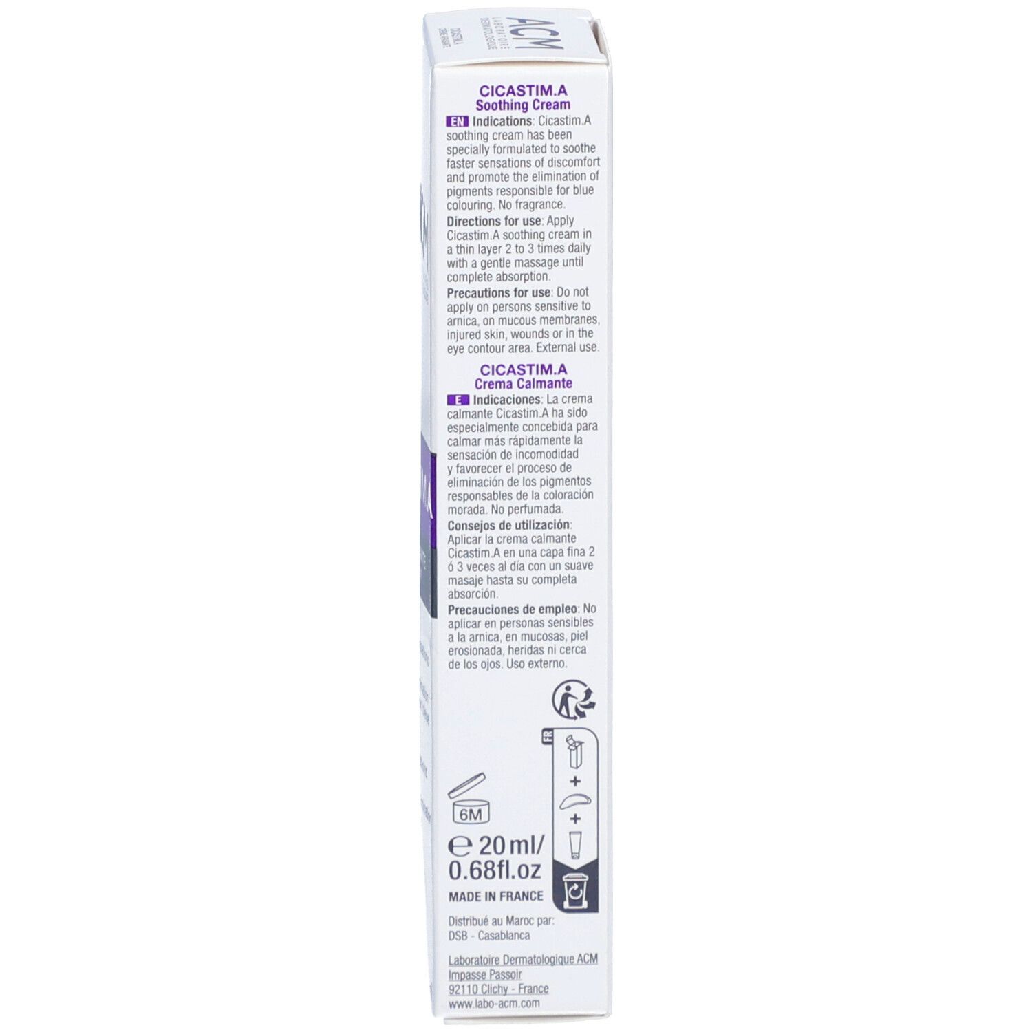 Boîte avec texte. ACM, Cicastim.A, Crème Apaisante. Conseils d'utilisation, précautions. 20ml. Fabriqué en France.