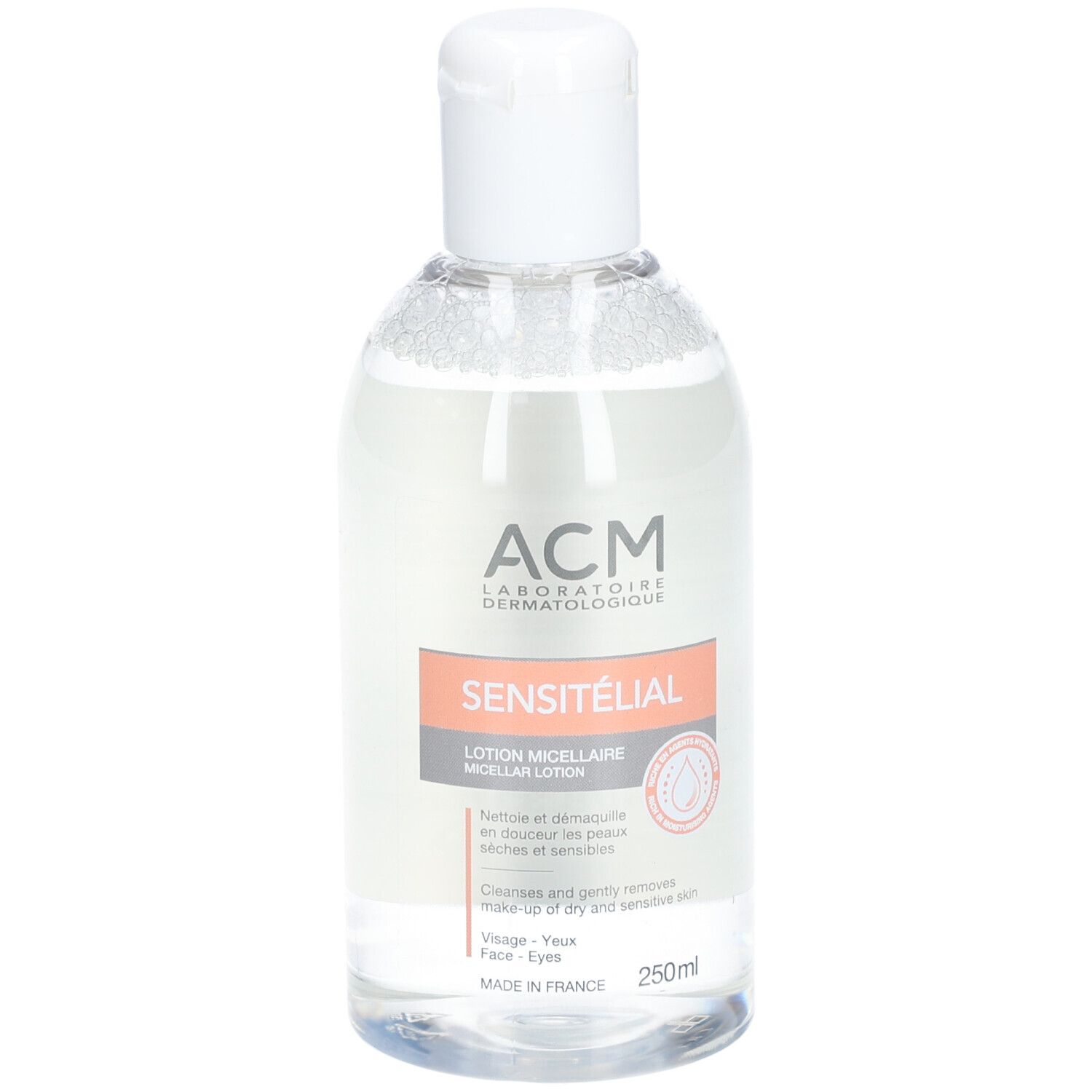 Flacon transparent avec bouchon blanc. Inscriptions: ACM Laboratoire Dermatologique, Sensitélial, Lotion micellaire. 250ml.