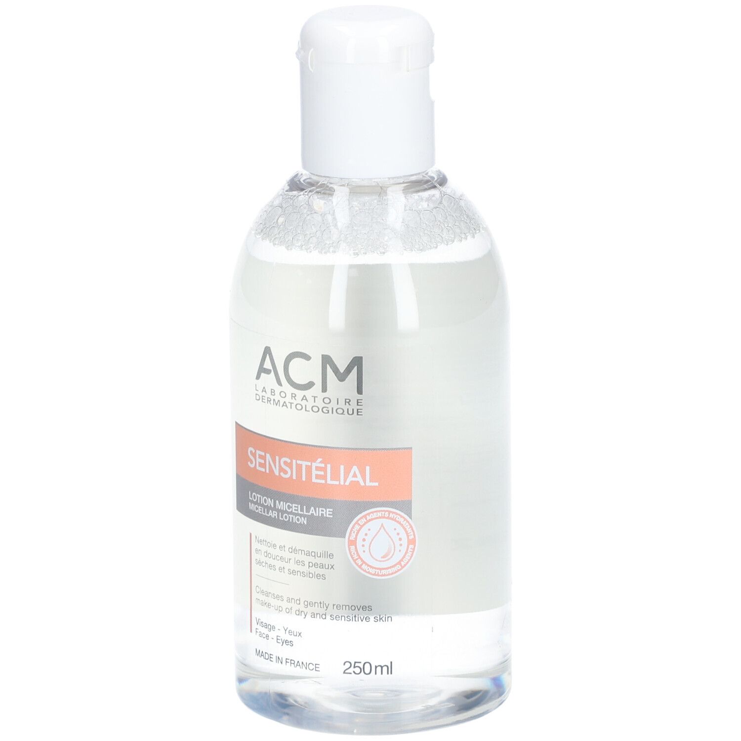 Flacon transparent avec bouchon blanc. Inscriptions: ACM Laboratoire Dermatologique, Sensitélial, Lotion micellaire. 250ml.