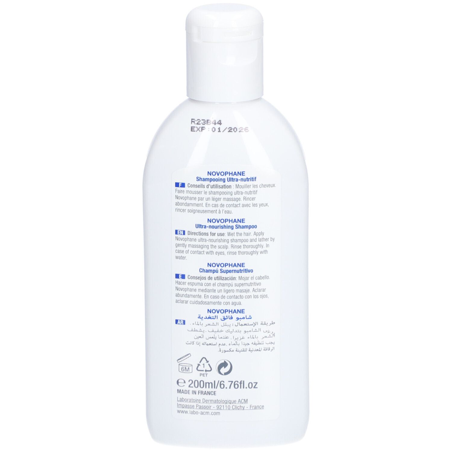 Rückseite der weißen Flasche. Aufschrift: ACM Novophane Shampooing Ultra-nutritif. Für trockenes, geschädigtes Haar. Inhaltsangaben.