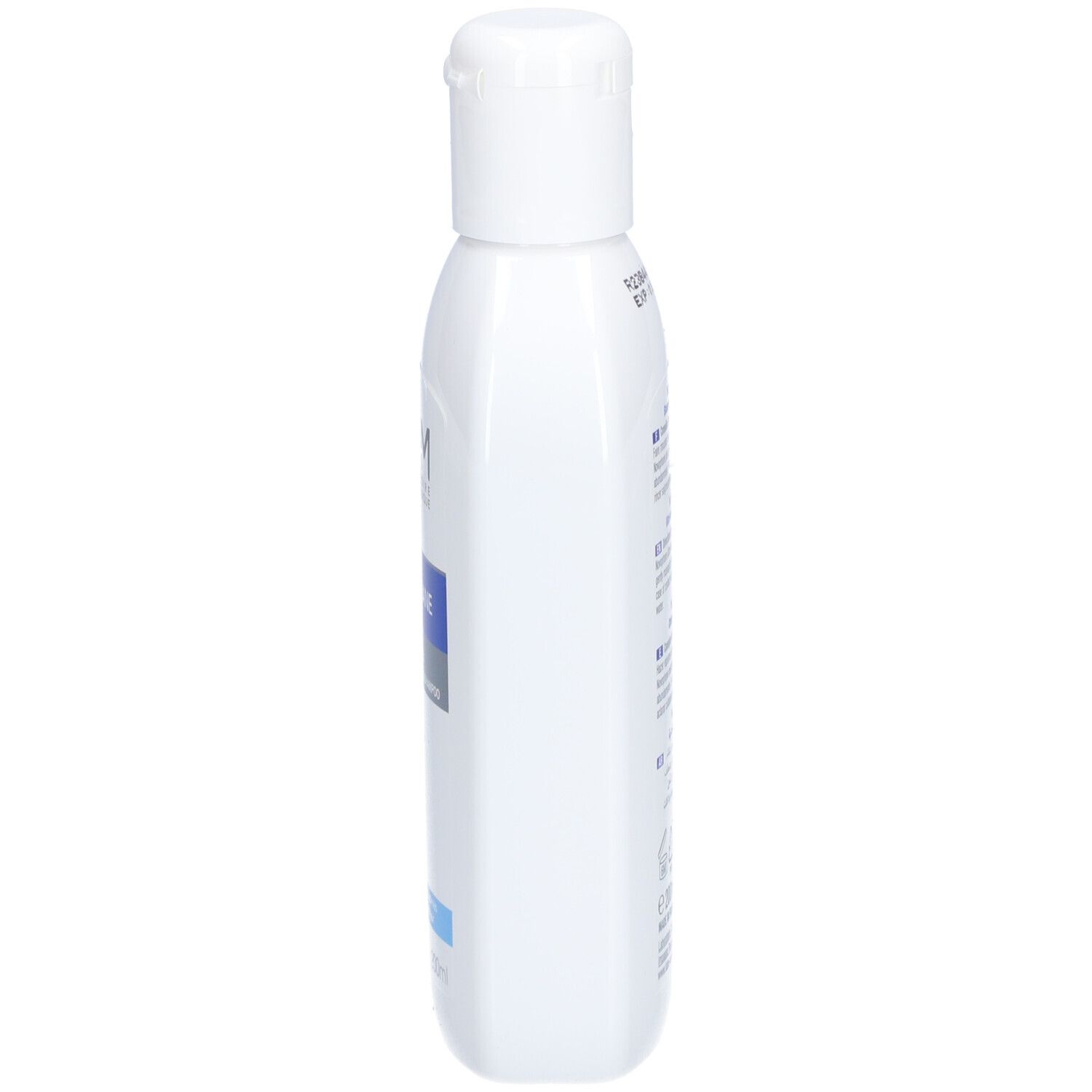 Weiße Flasche, Seitenansicht. Aufschrift: ACM Novophane Shampooing Ultra-nutritif. Für trockenes, geschädigtes Haar.