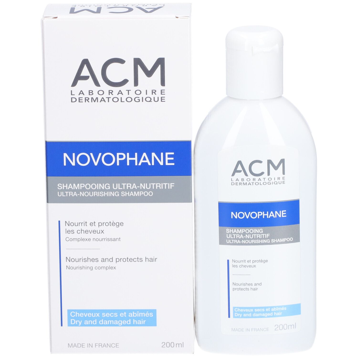Produktverpackung mit Flasche. Aufschrift: ACM Novophane Shampooing Ultra-nutritif. Für trockenes, geschädigtes Haar.