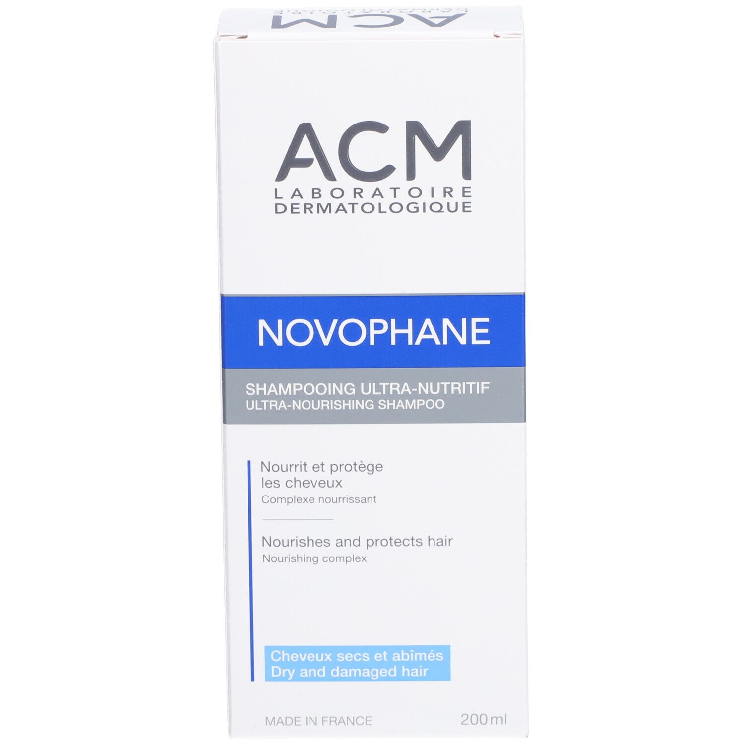 Produktverpackung. Aufschrift: ACM Novophane Shampooing Ultra-nutritif. Für trockenes, geschädigtes Haar.
