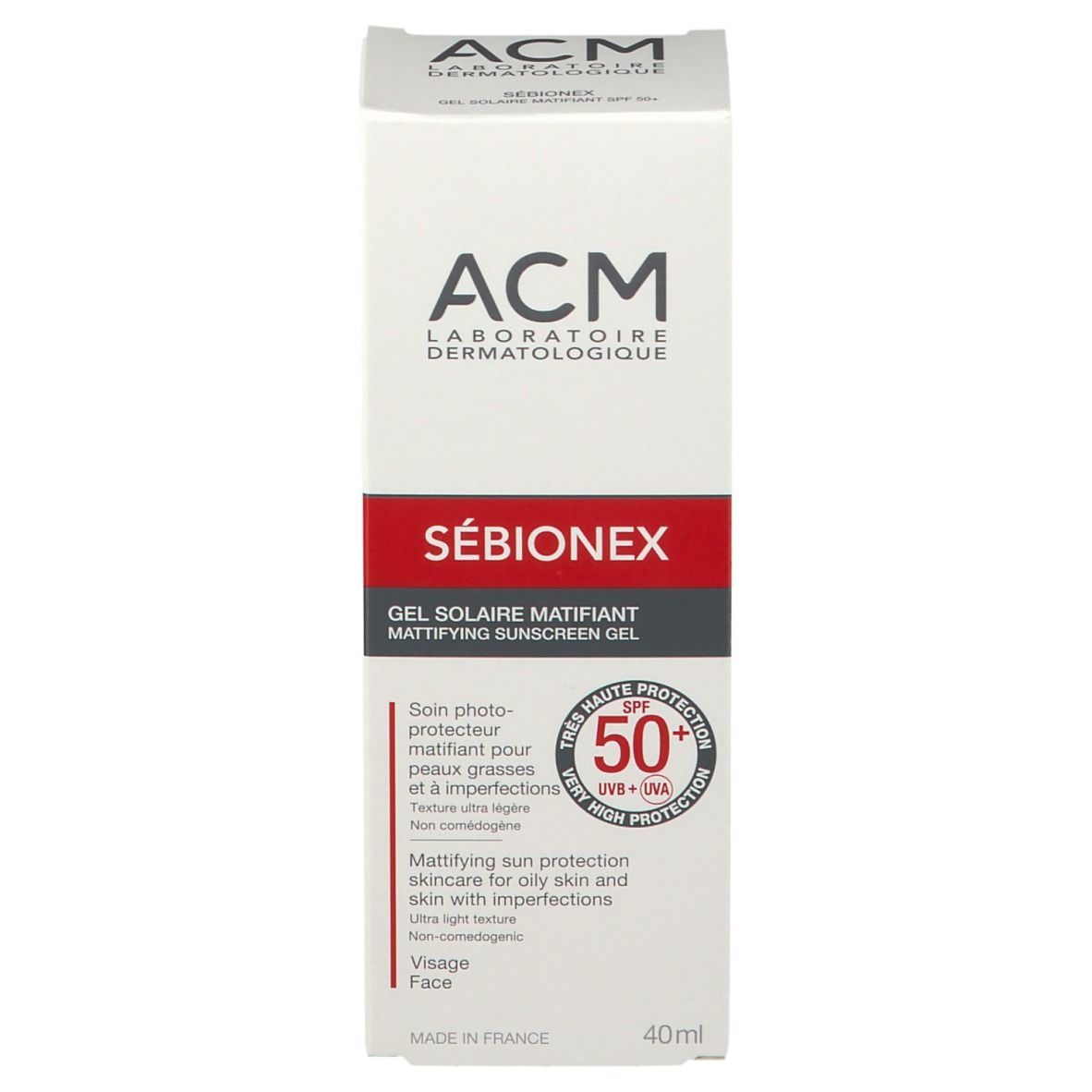 Weiße Verpackung mit rotem Streifen. Text: ACM SÉBIONEX Gel solaire matifiant SPF 50+. 40ml. Sonnenschutz für fettige Haut.