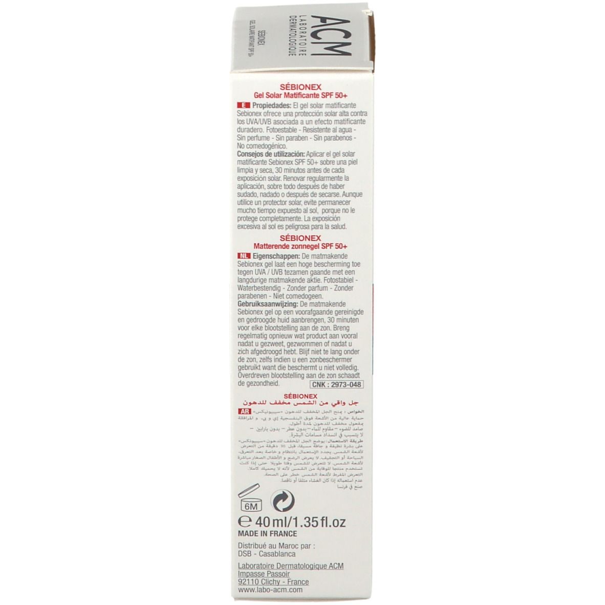 Rückseite der Verpackung. Text in mehreren Sprachen. Informationen zur Anwendung und Inhaltsstoffe. 40ml.