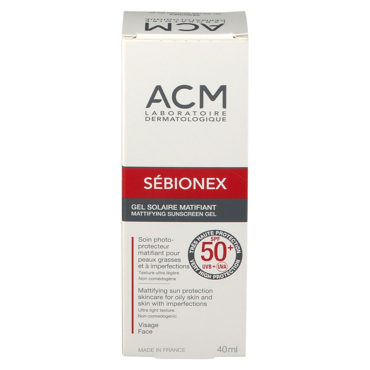 Weiße Verpackung mit rotem Streifen. Text: ACM SÉBIONEX Gel solaire matifiant SPF 50+. 40ml. Sonnenschutz für fettige Haut.