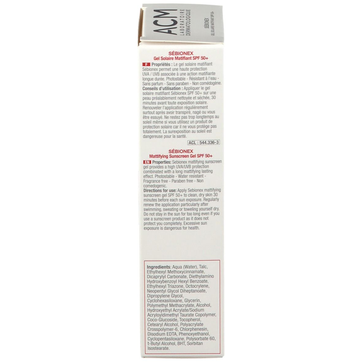 Seite der Verpackung. Text: Inhaltsstoffe, Anwendungshinweise, Herstellerinformationen. 40ml.