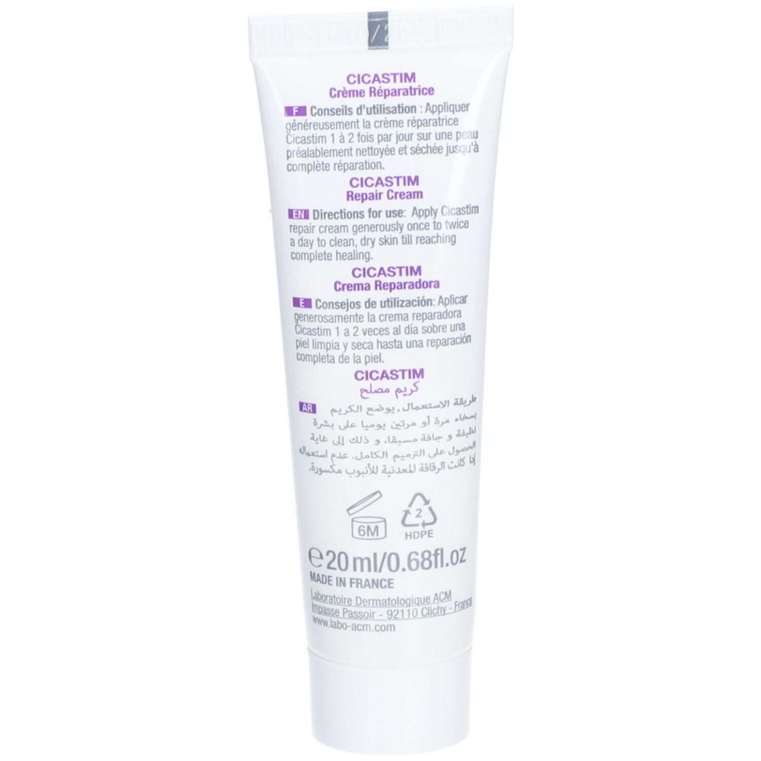 Rückseite der Creme-Tube "ACM Cicastim". Enthält Informationen zur Anwendung und Inhaltsstoffe.
