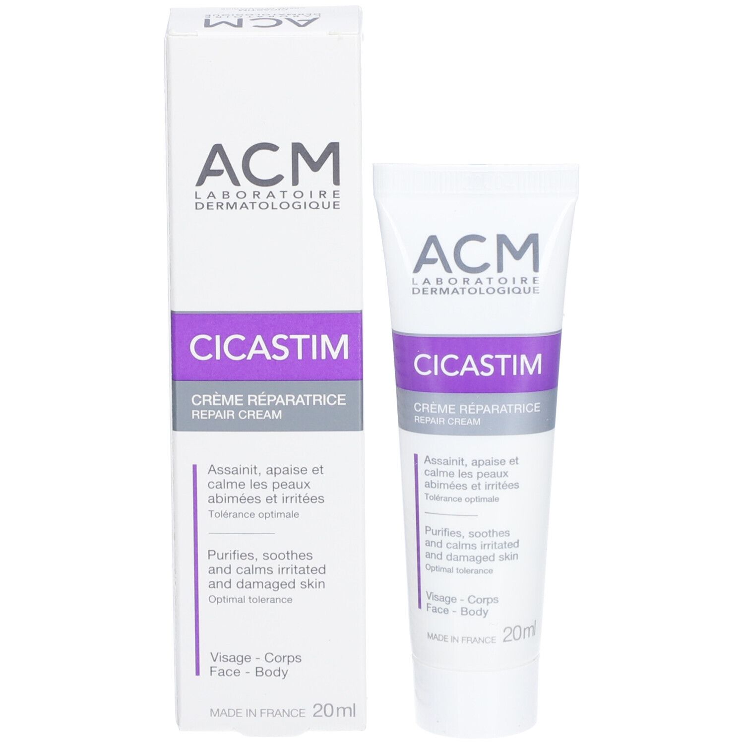 Produktverpackung: Tube und Schachtel "ACM Cicastim". Beide zeigen Produktname und Marke.