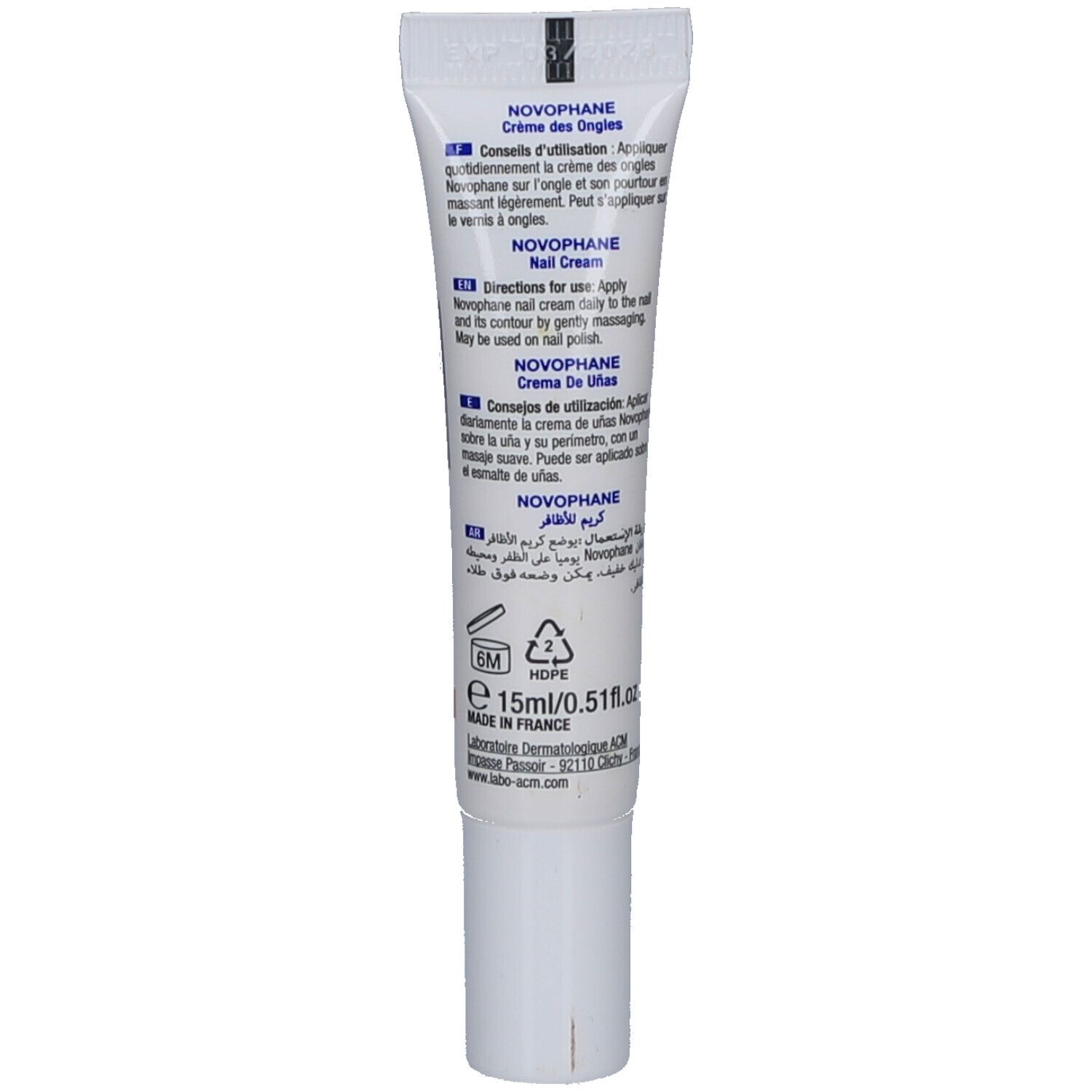 Rückseite der Creme-Tube. Mehrsprachige Gebrauchsanweisung. Enthält Informationen zur Anwendung und Inhaltsstoffe.