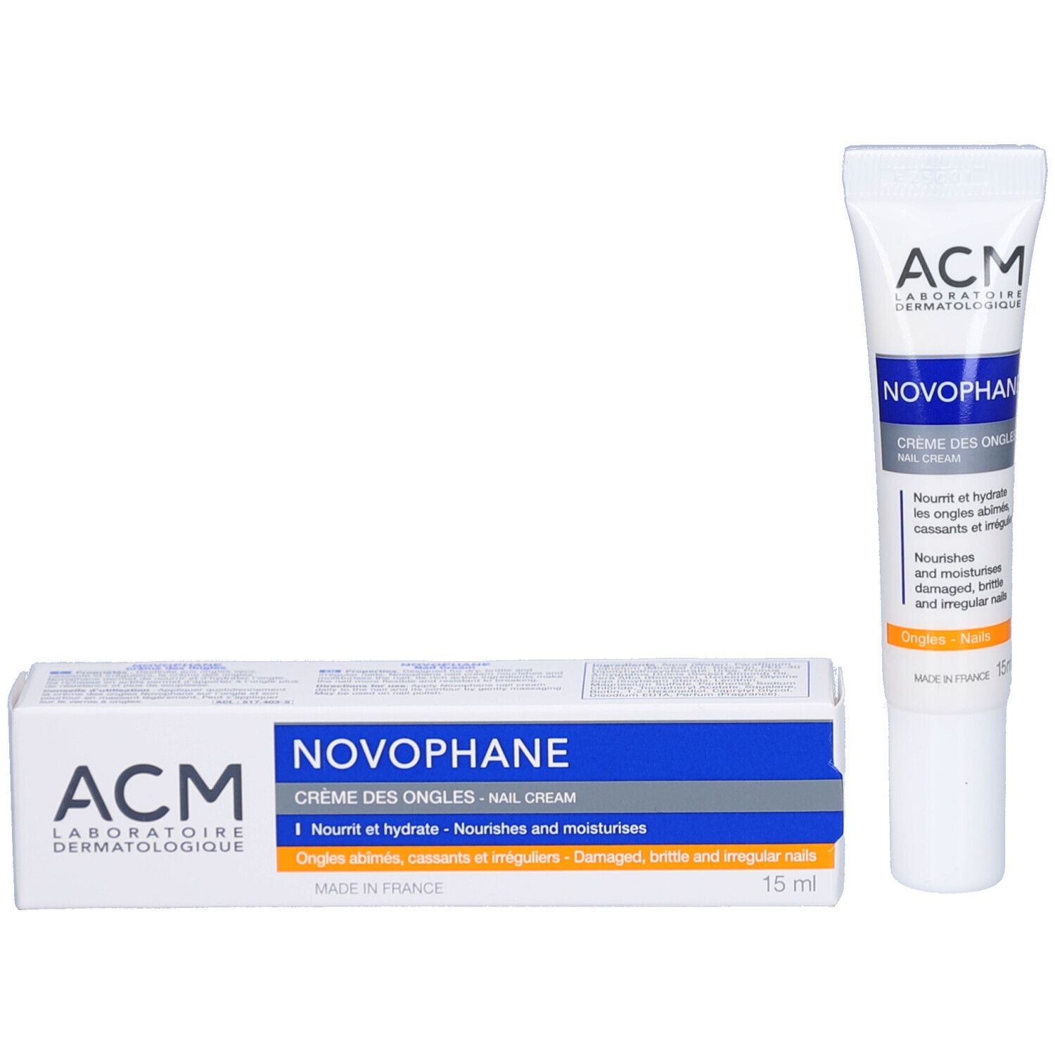 Produktverpackung und Creme-Tube. Verpackung: weiß mit roter Beschriftung. Tube: weiß mit roter Beschriftung. Aufschrift: ACM, Novophane.