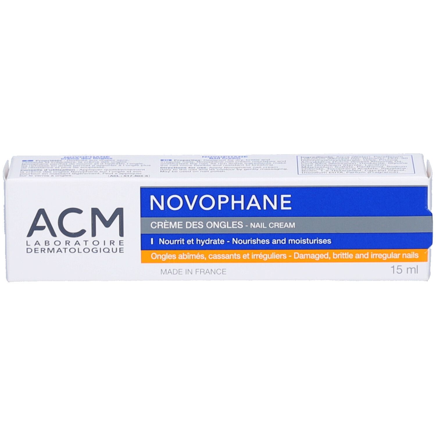 Weiße Produktverpackung mit roter Beschriftung. Aufschrift: ACM, Novophane, Crème des Ongles. Enthält 15ml.