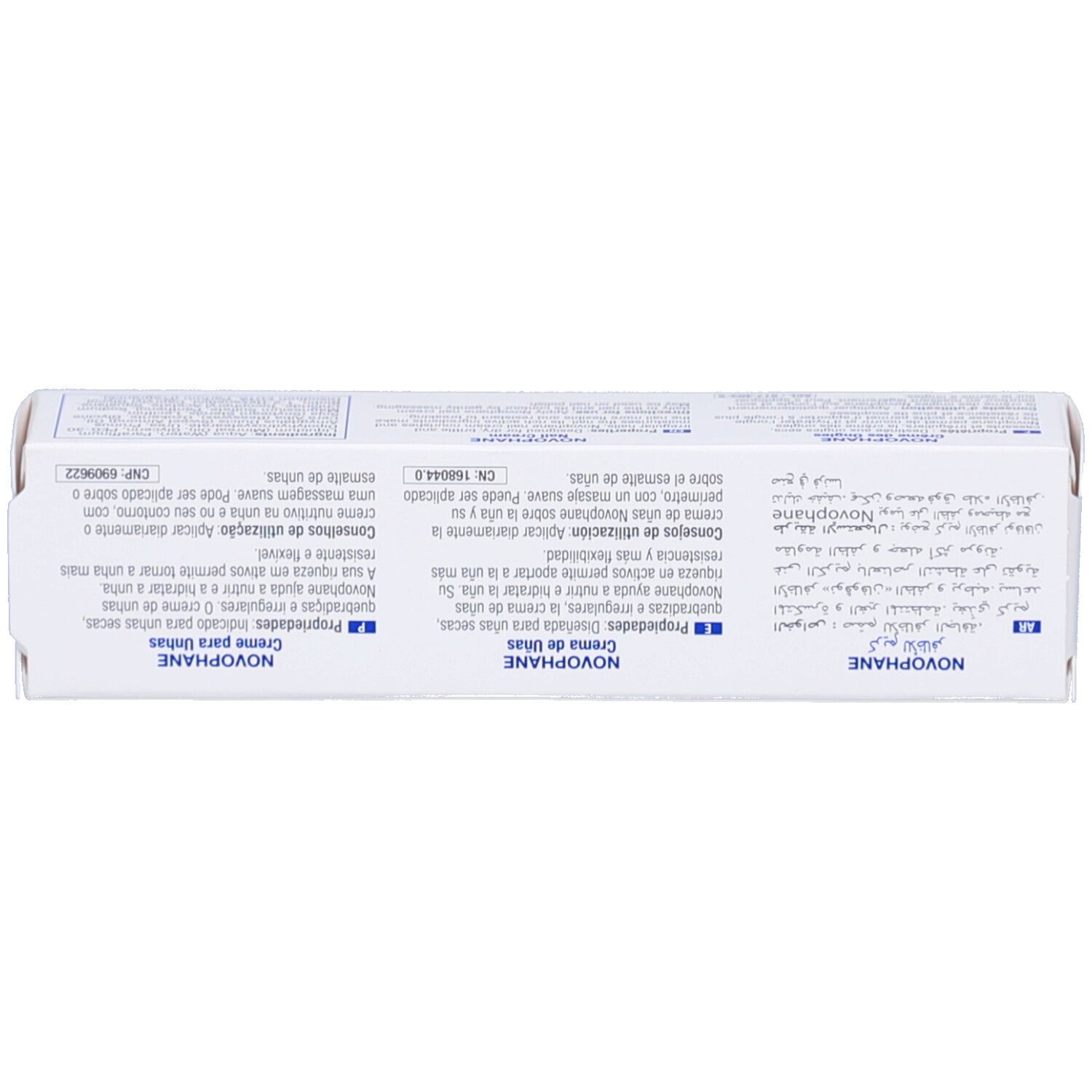 Rückseite der Produktverpackung. Mehrsprachiger Text. Enthält Informationen zur Anwendung und Inhaltsstoffe.