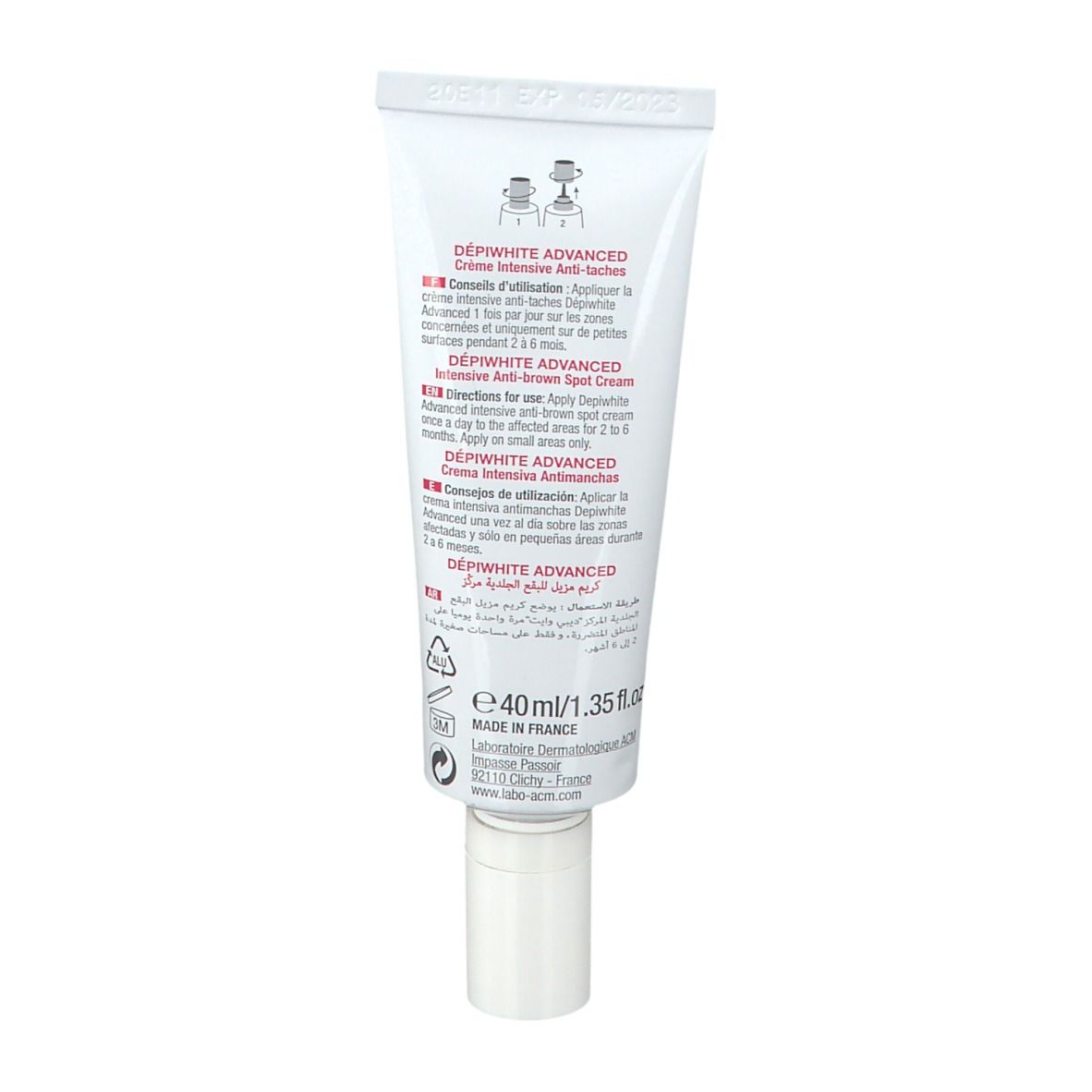 Rückseite der Creme-Tube. Text in mehreren Sprachen. 40ml. Hergestellt in Frankreich.
