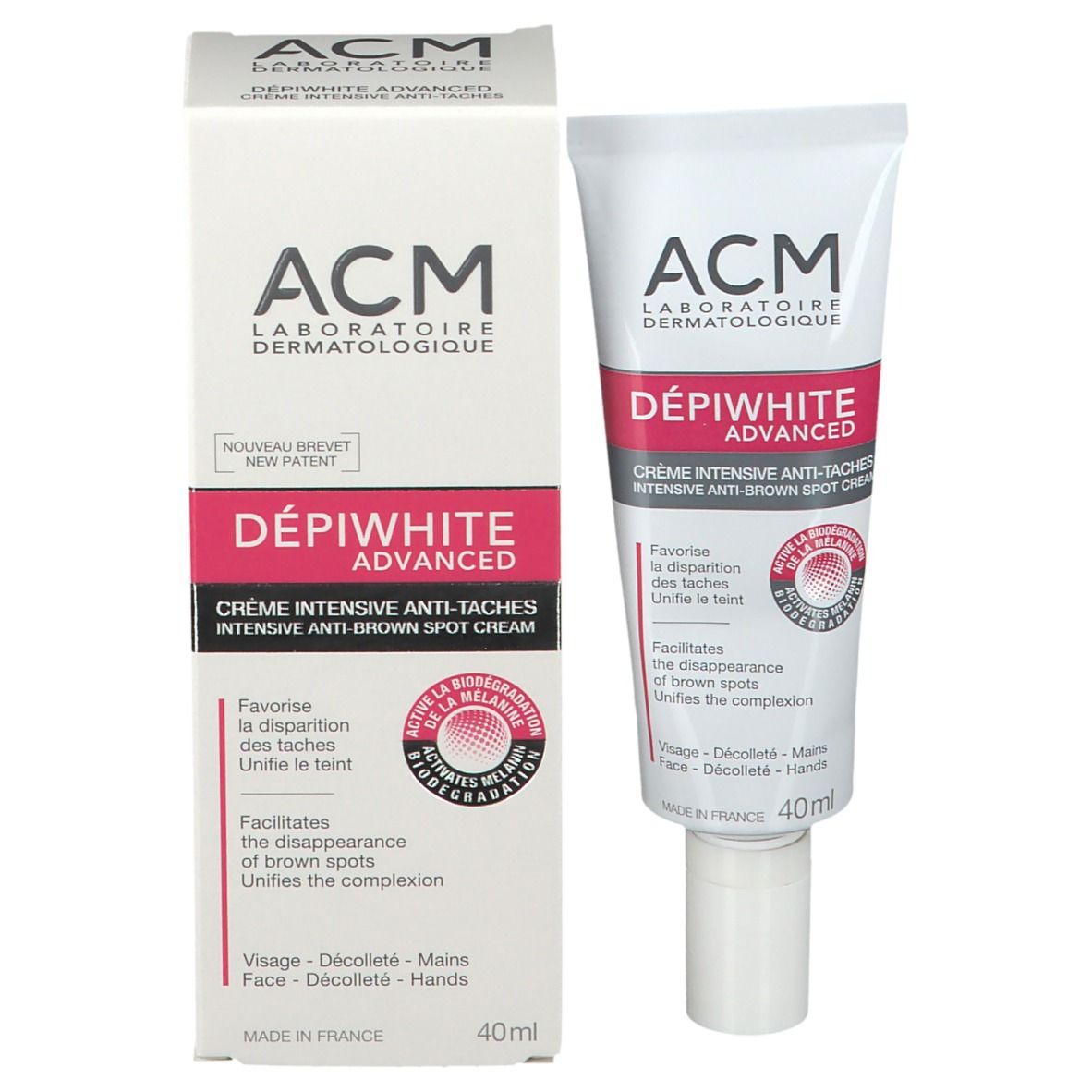 Produktverpackung und Tube. ACM DépiWhite Advanced Creme. 40ml. Weiße Tube und Schachtel.
