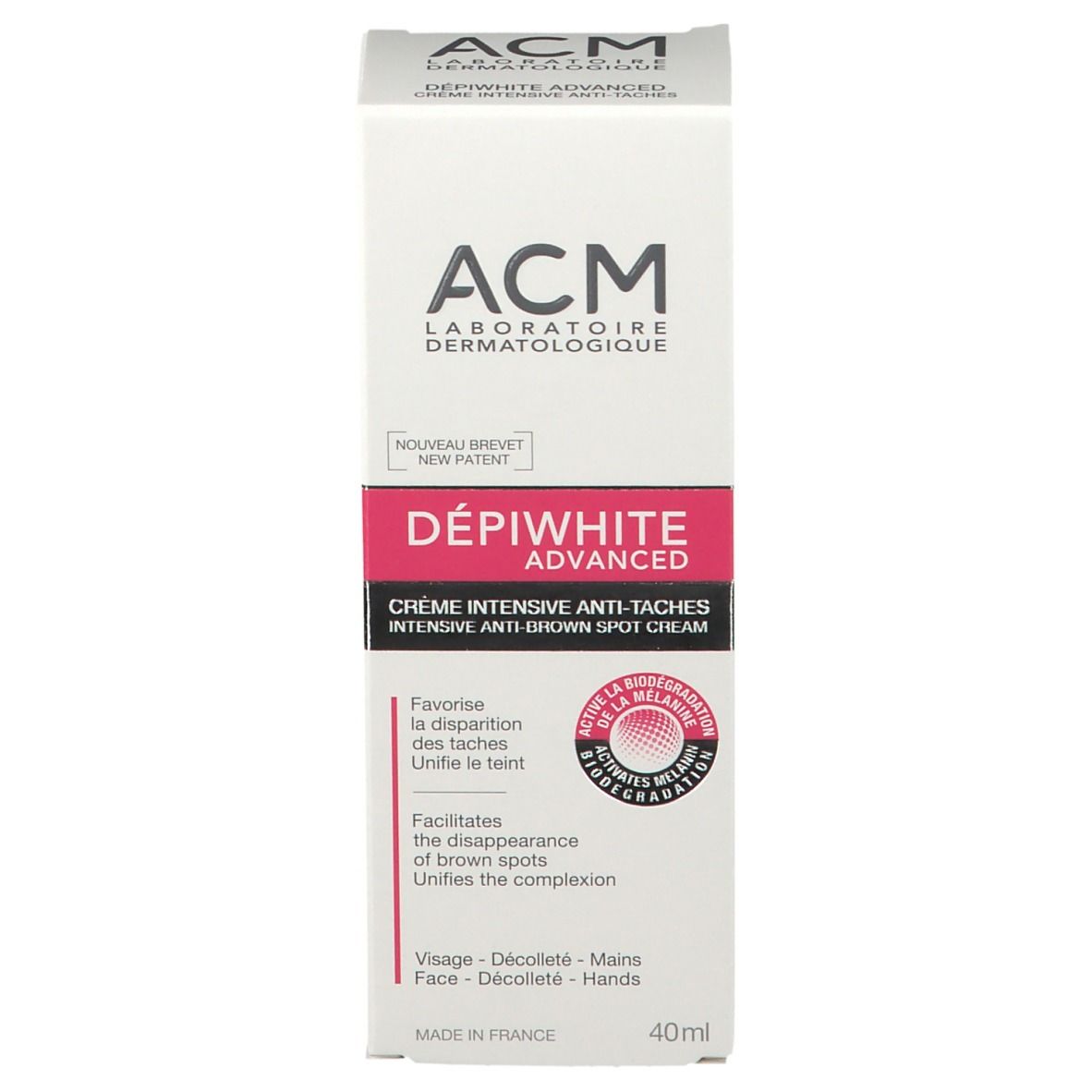 Produktverpackung. ACM DépiWhite Advanced Creme. 40ml. Weiße Schachtel mit Text.