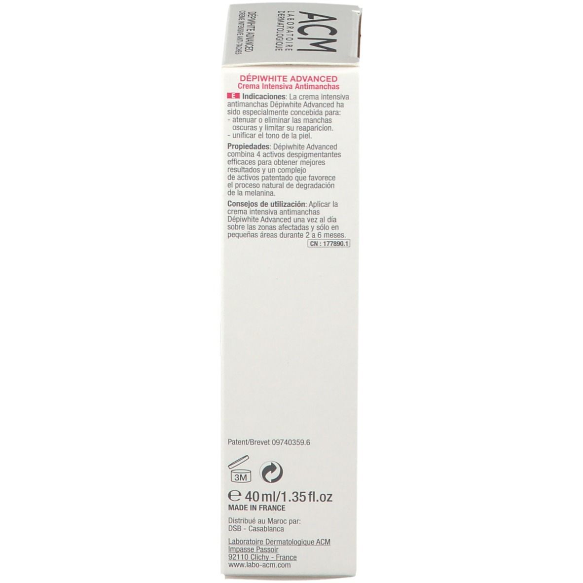 Rückseite der Produktverpackung. Text in mehreren Sprachen. 40ml. Hergestellt in Frankreich.