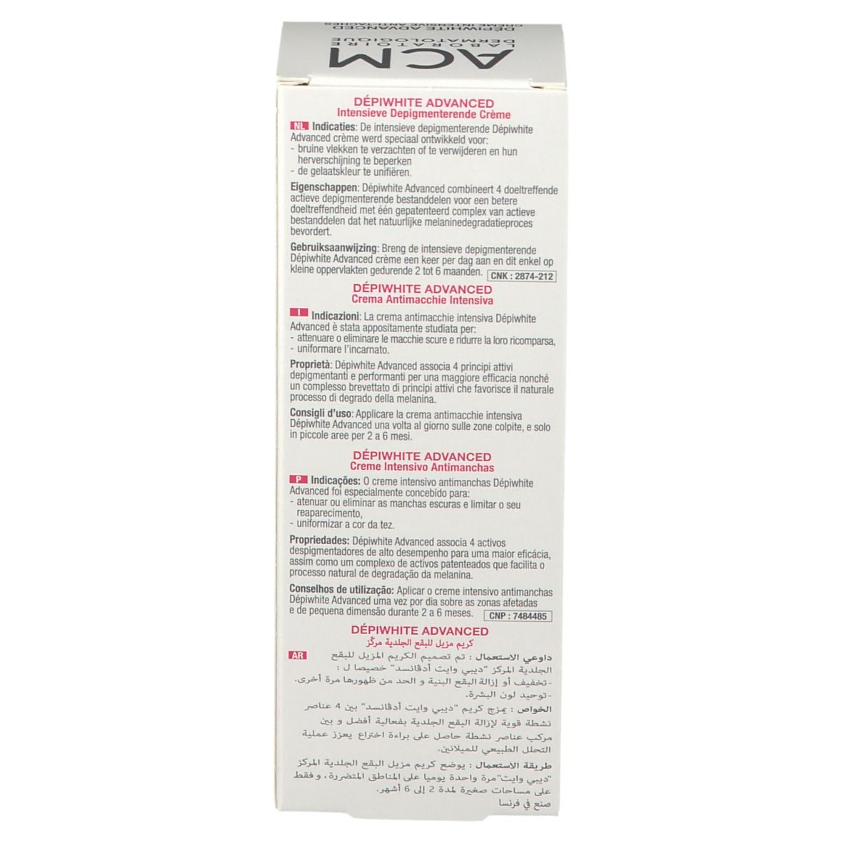 Seite der Produktverpackung. Text in mehreren Sprachen. Informationen zum Produkt.