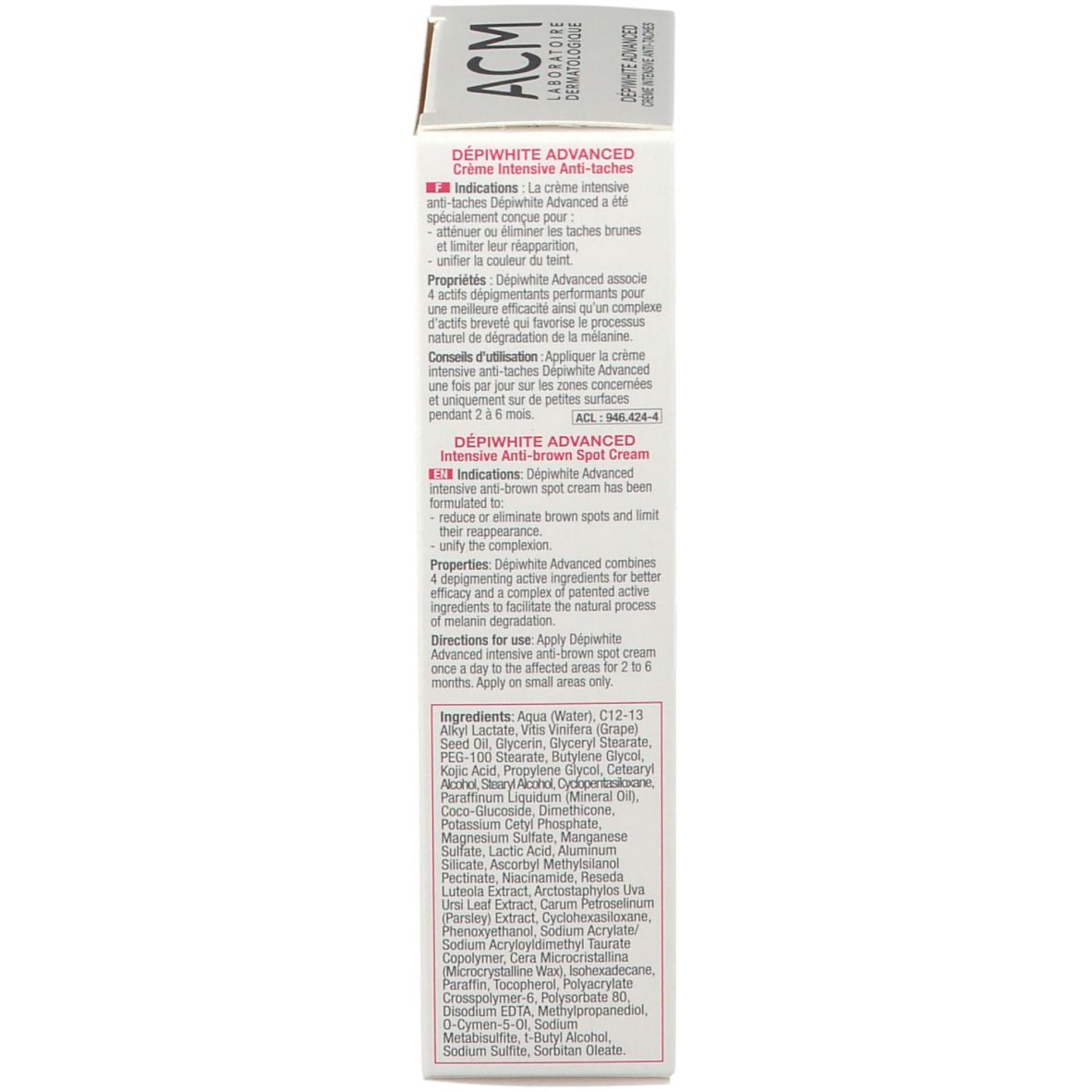 Seite der Produktverpackung. Text in mehreren Sprachen. Inhaltsstoffe und Anwendung.