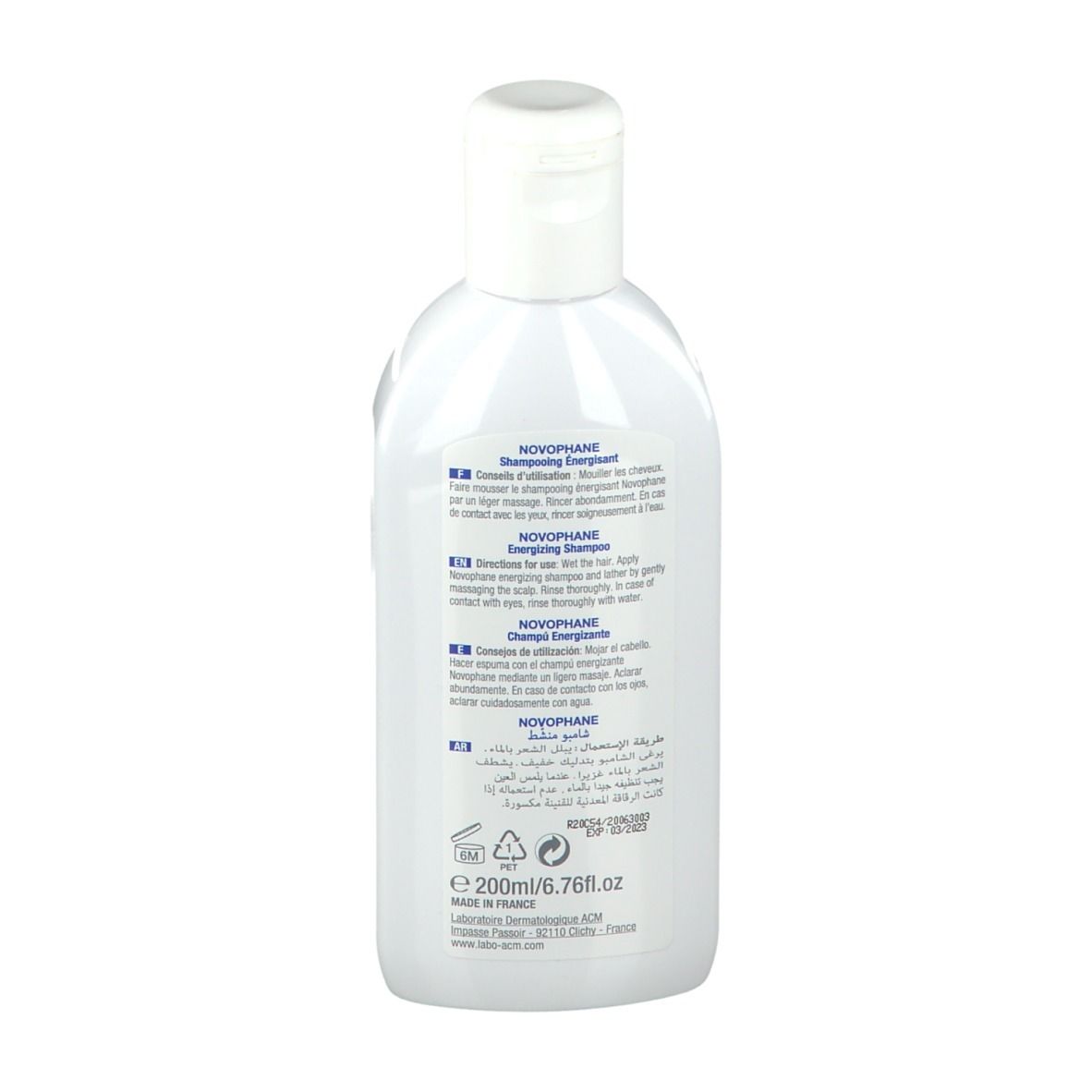 Achterkant van de witte fles. Tekst in meerdere talen. Volume: 200ml/6.76fl.oz. Gemaakt in Frankrijk.