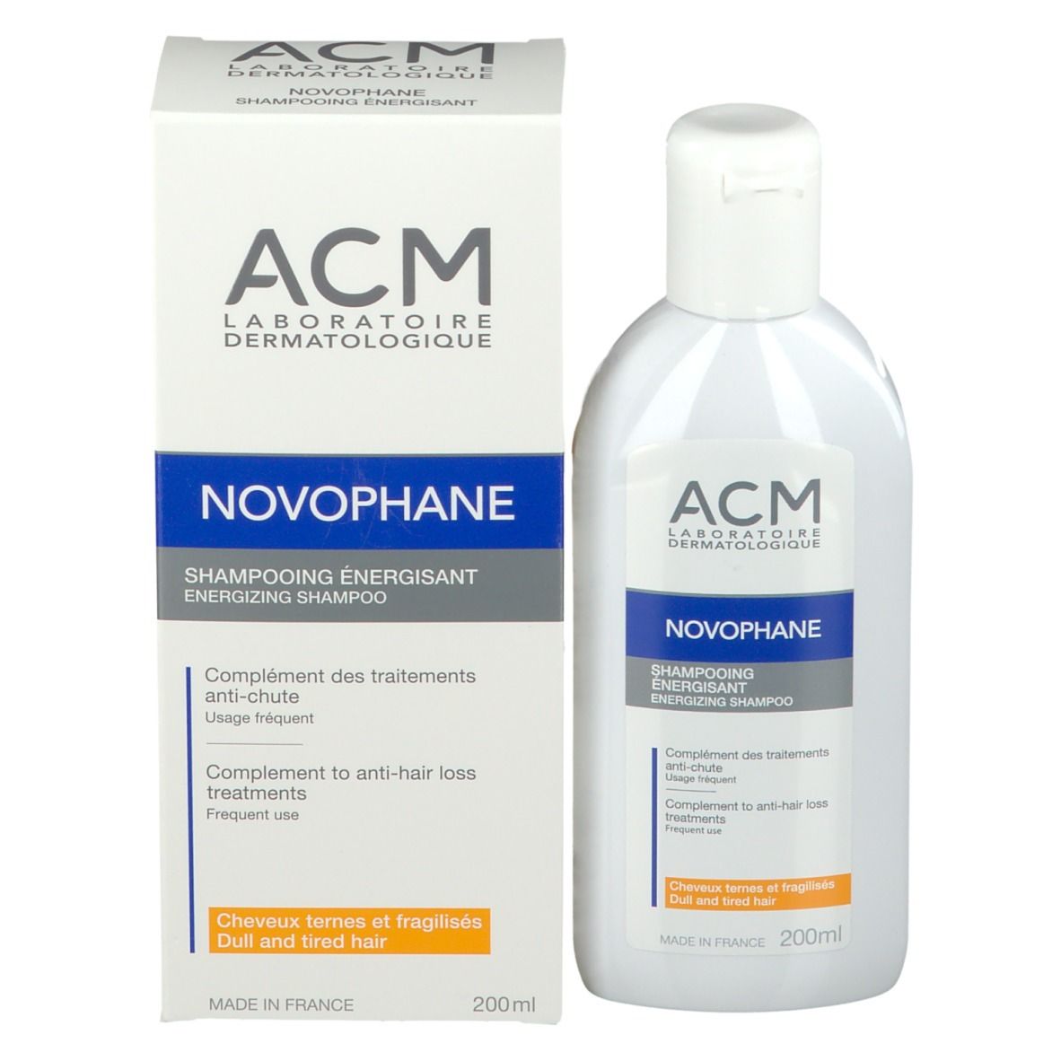 Productverpakking met fles. Doos en fles met blauw etiket. Opschrift: ACM, Novophane, Shampooing Energisant.