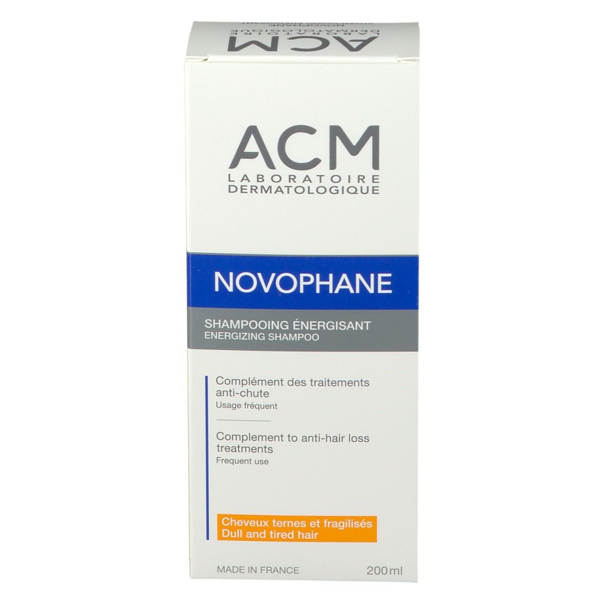 Witte verpakking met blauw etiket. Opschrift: ACM, Novophane, Shampooing Energisant. Volume: 200ml.