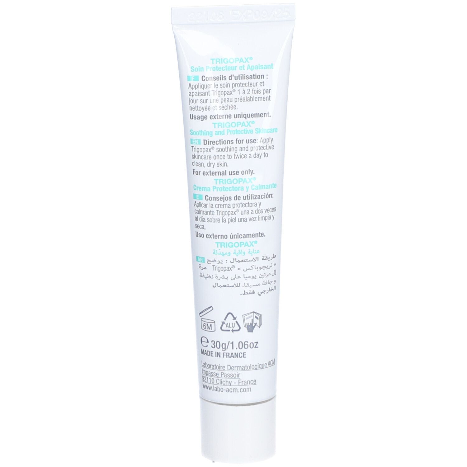 Rückseite der Trigopax-Tube. Text in mehreren Sprachen. Inhaltsangabe, Anwendungshinweise. 30g. Hergestellt in Frankreich.