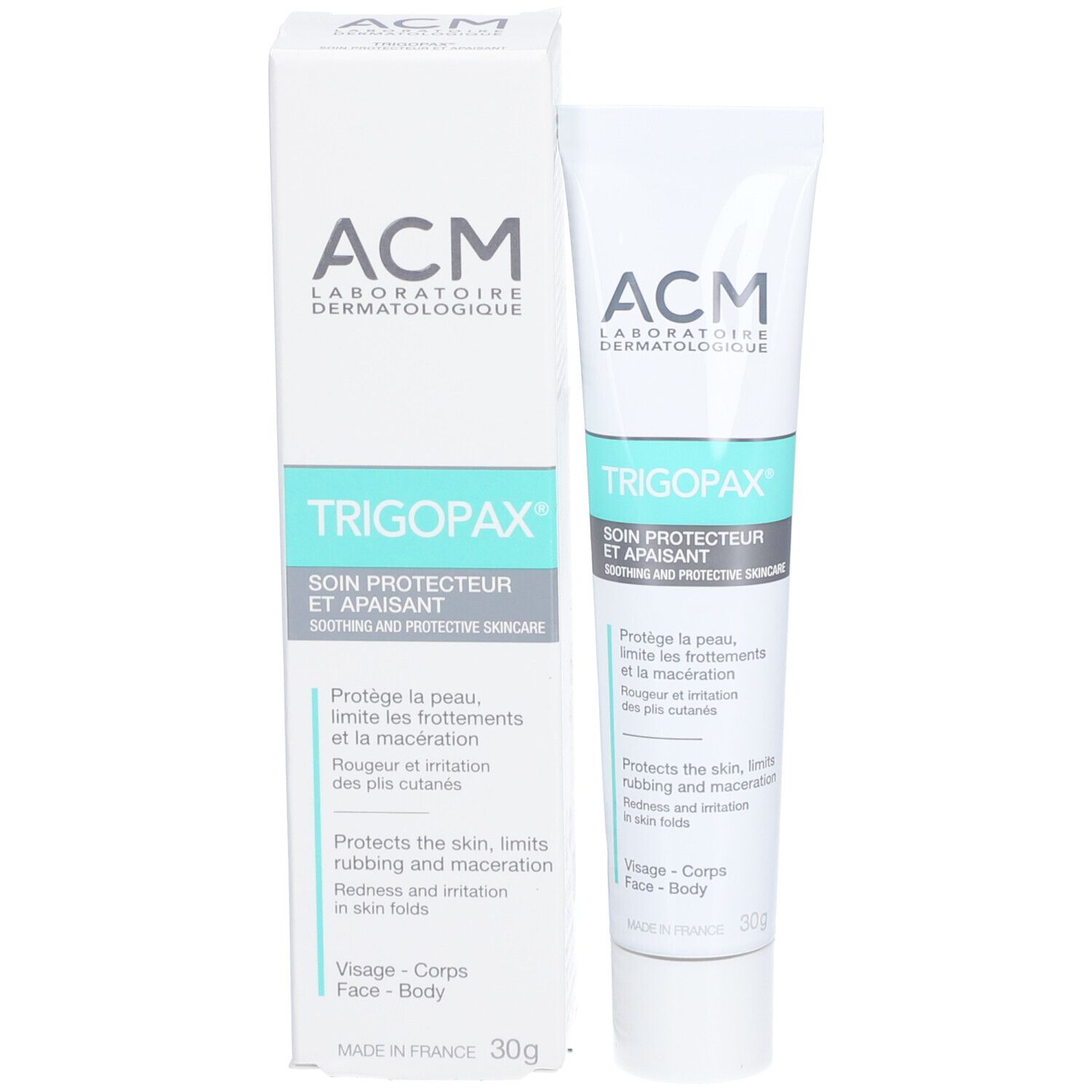 Trigopax-Tube und Schachtel. Marke ACM. Weiß, hellblau und schwarz. Für Gesicht und Körper. 30g.