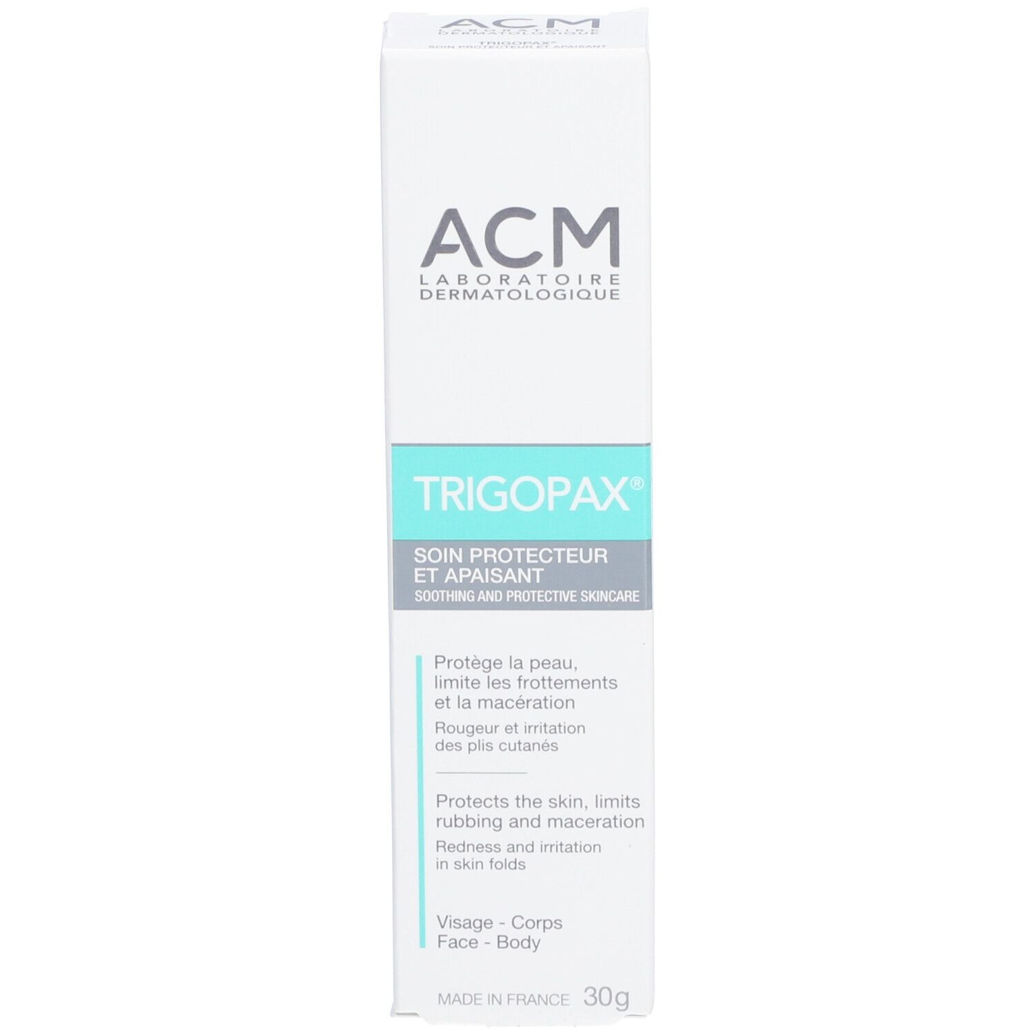 Trigopax-Schachtel. Marke ACM. Weiß, hellblau und schwarz. Für Gesicht und Körper. 30g.