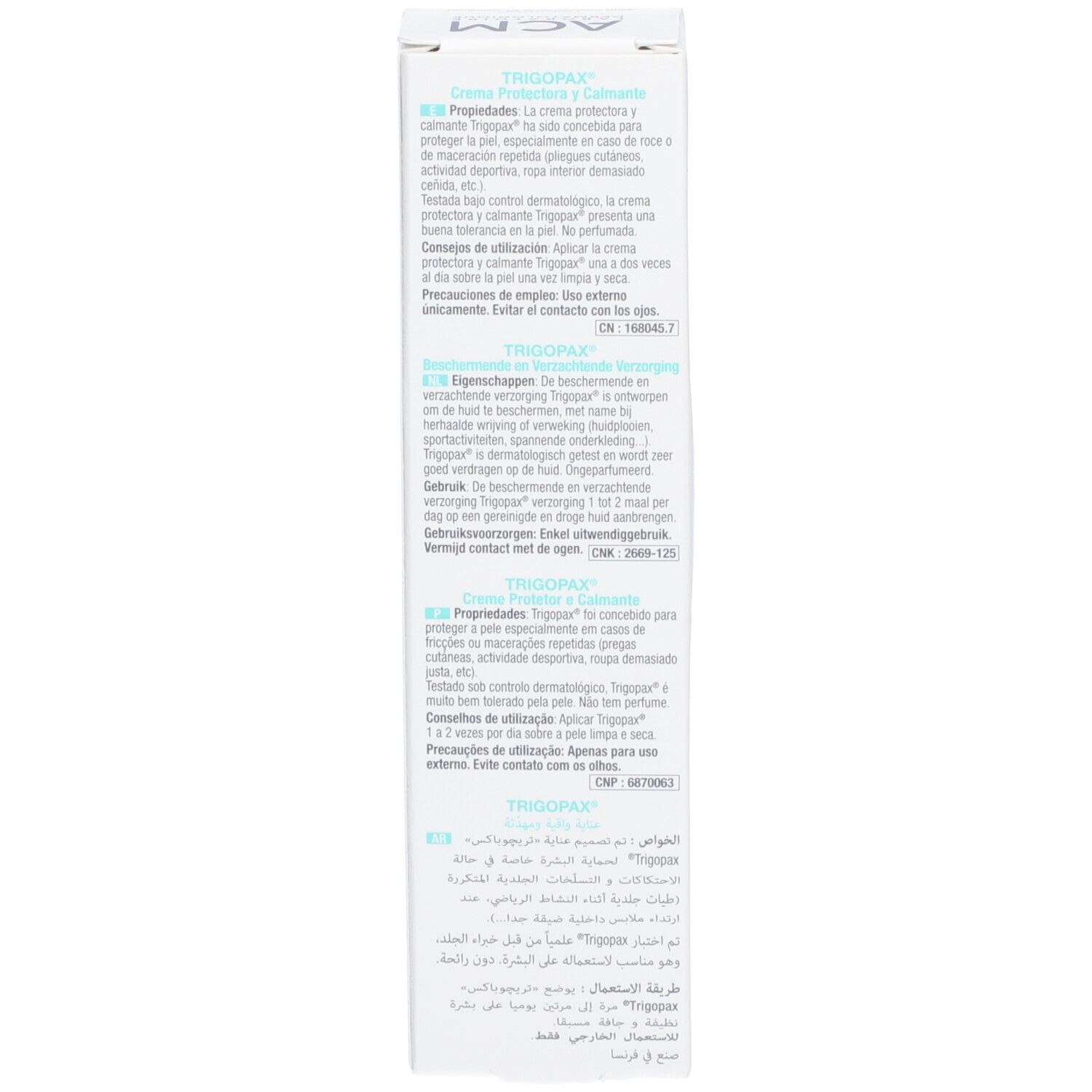 Trigopax-Schachtel, Seitenansicht. Text in mehreren Sprachen. Anwendungshinweise, Vorsichtsmaßnahmen.
