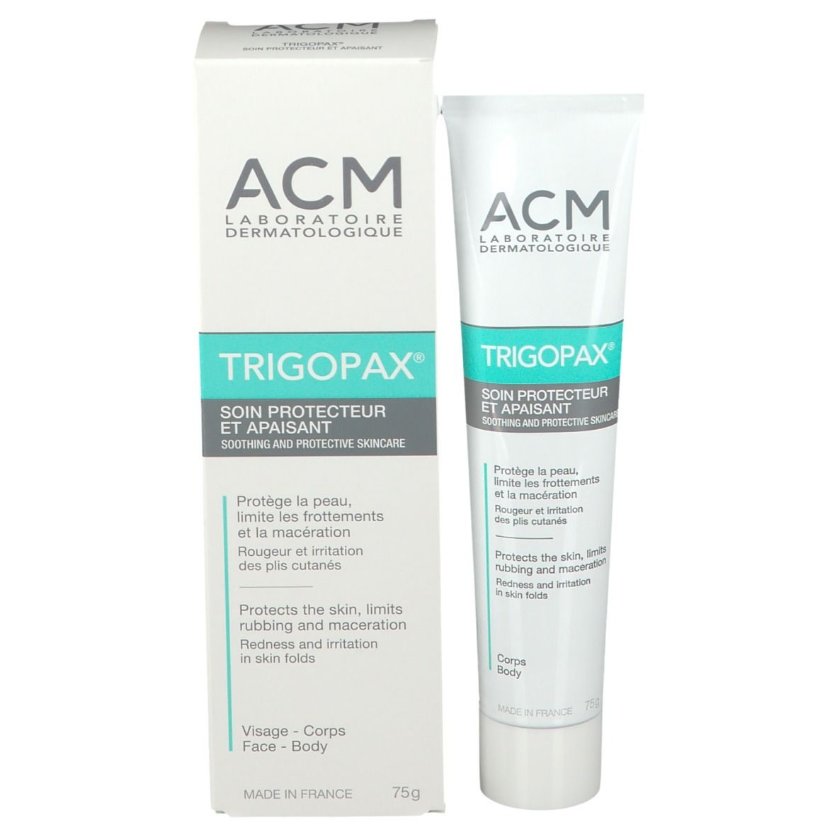 Produktverpackung mit Tube. Tube und Karton mit Produktnamen und Logo. Text in Französisch und Englisch.