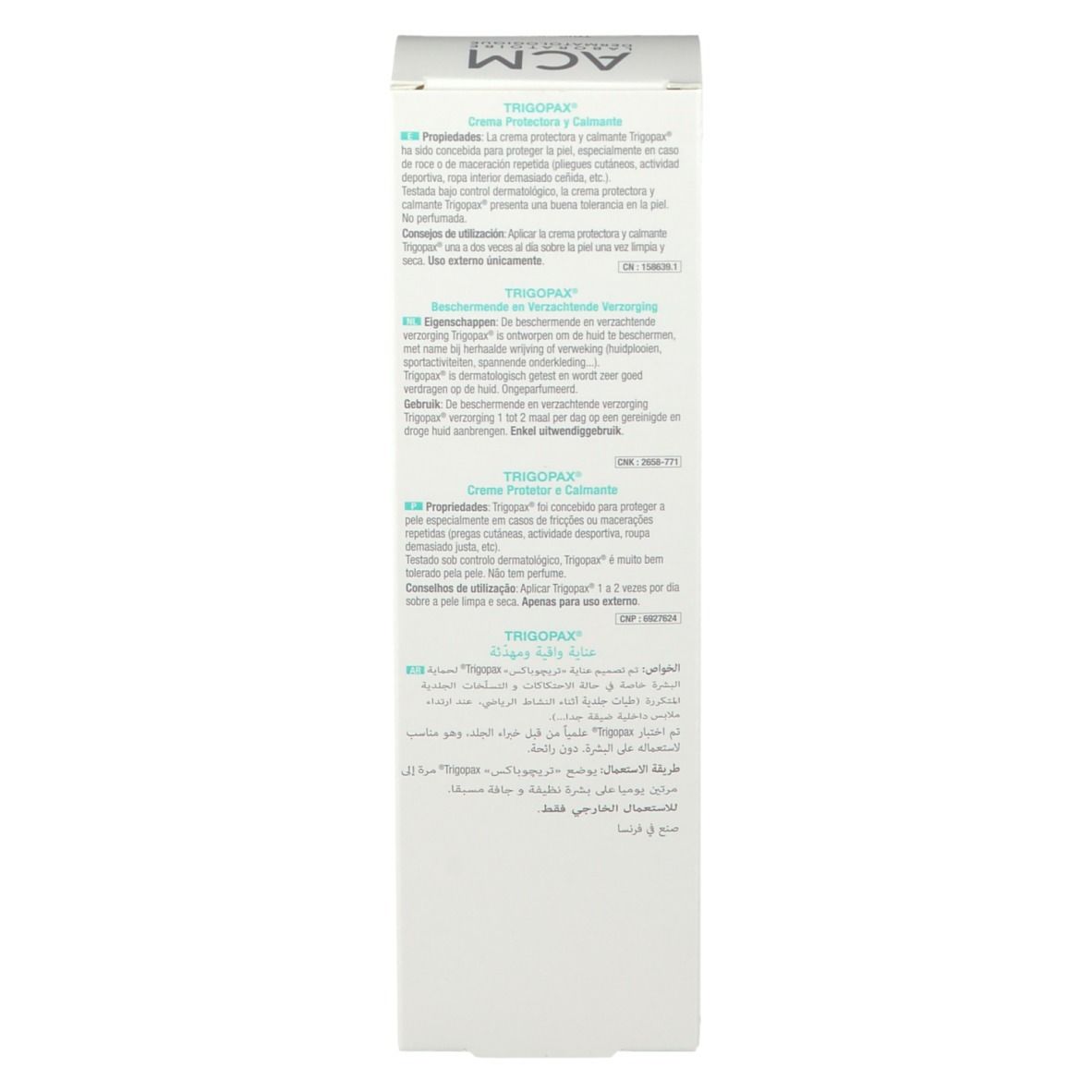 Seitenansicht der Kartonverpackung. Text in mehreren Sprachen. Informationen zur Anwendung und Inhaltsstoffe.