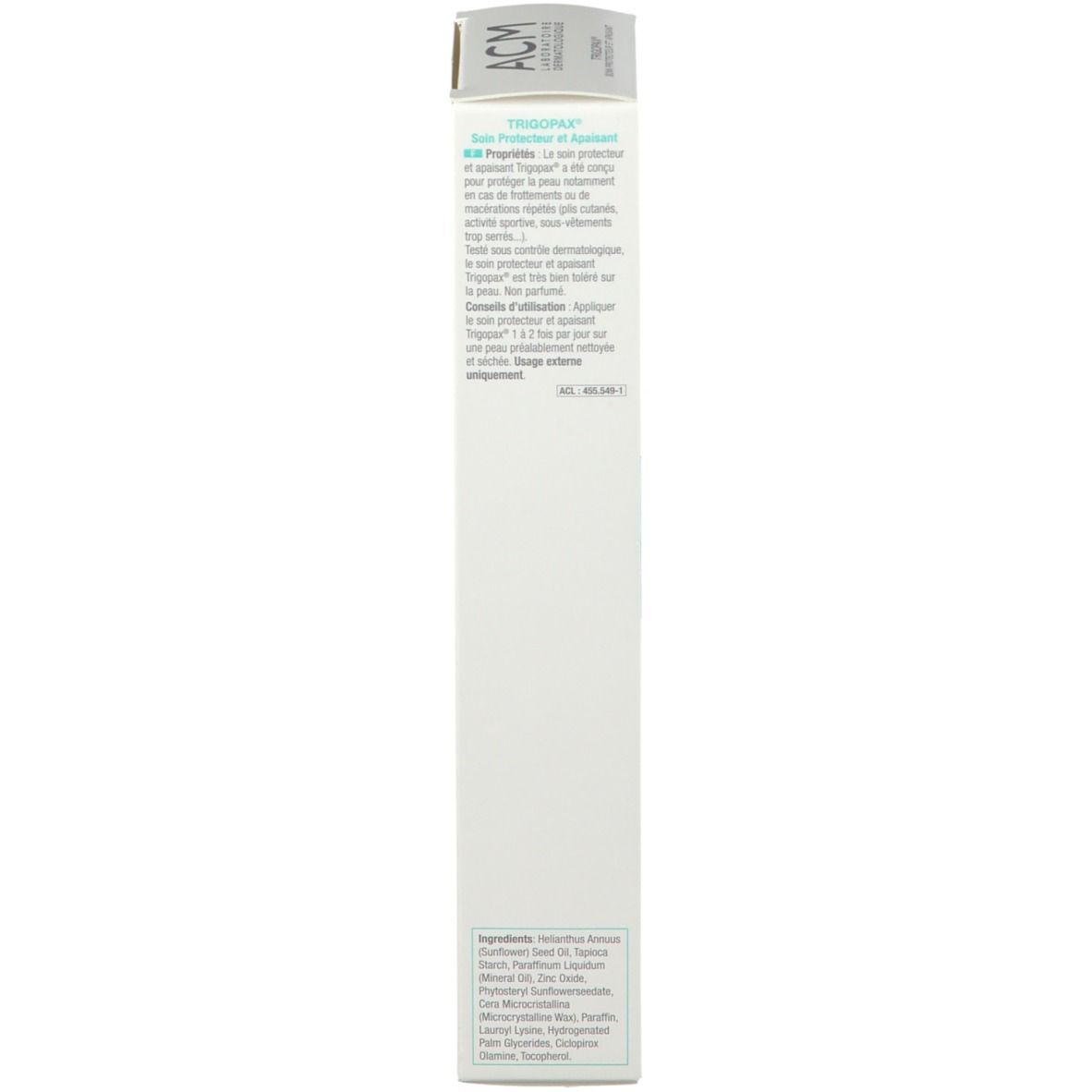 Seitenansicht der Kartonverpackung. Text in mehreren Sprachen. Informationen zur Anwendung und Inhaltsstoffe.