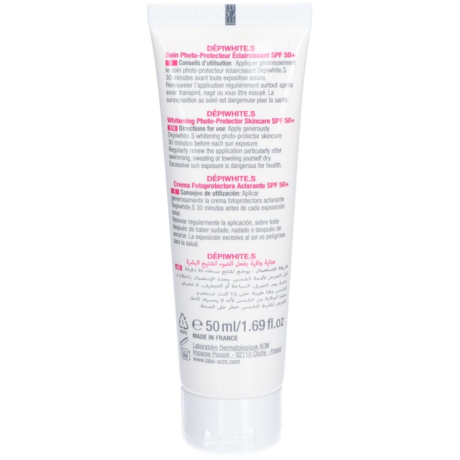 Rückseite der weißen Tube. Text in mehreren Sprachen. Aufschrift: Dépiwhite.S. Hergestellt in Frankreich. 50 ml.