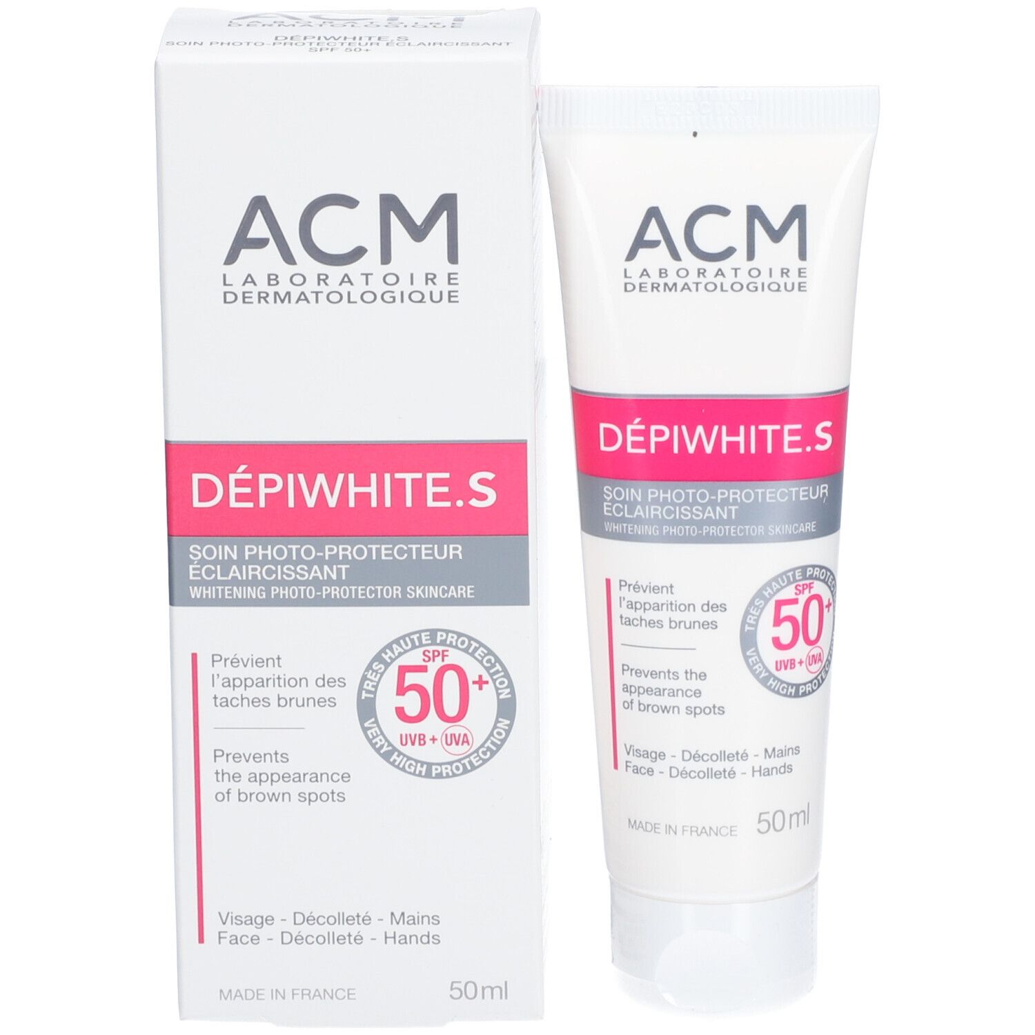 Produktverpackung und Tube. Aufschrift: ACM Dépiwhite.S SPF 50+. Verpackung: weiß mit roter und grauer Schrift. 50ml.