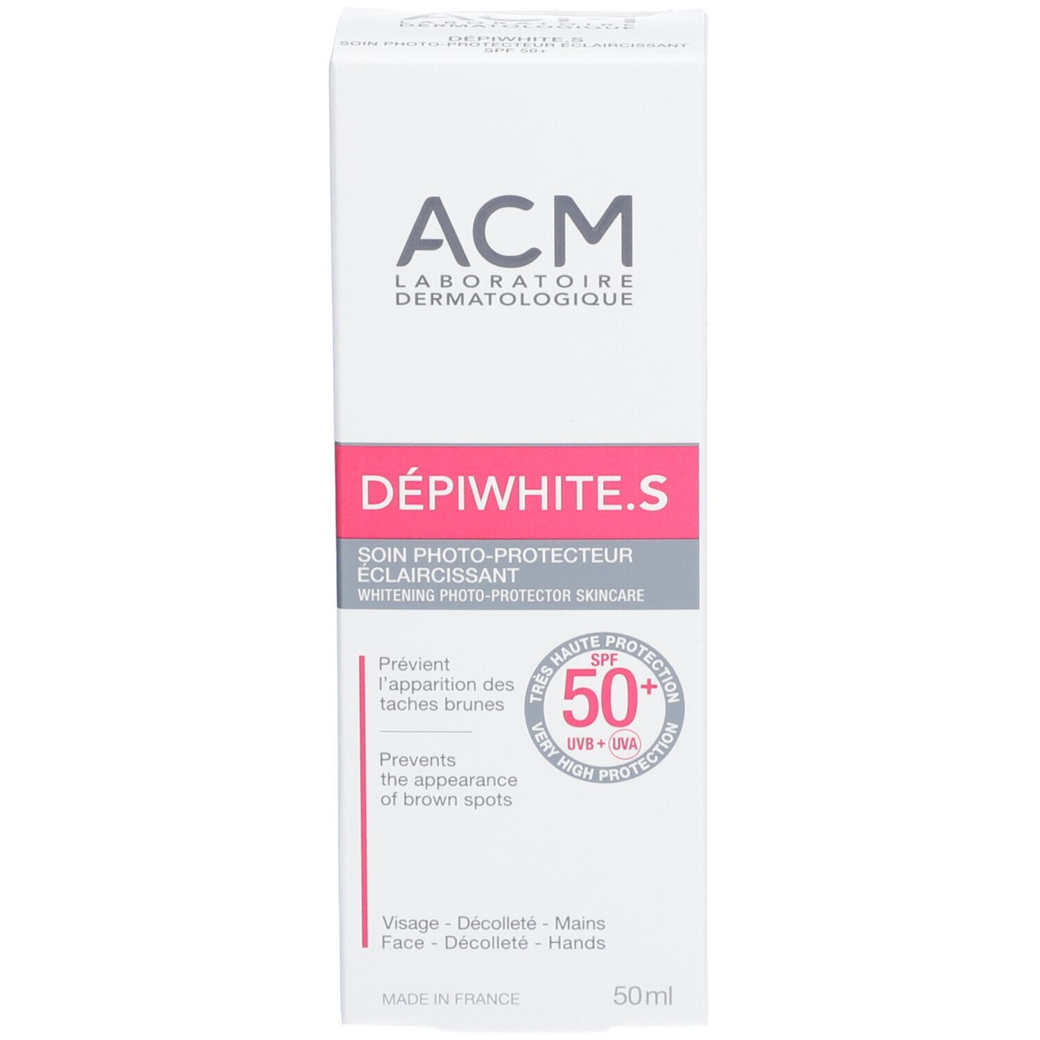 Produktverpackung. Aufschrift: ACM Dépiwhite.S SPF 50+. Verpackung: weiß mit roter und grauer Schrift. 50ml.
